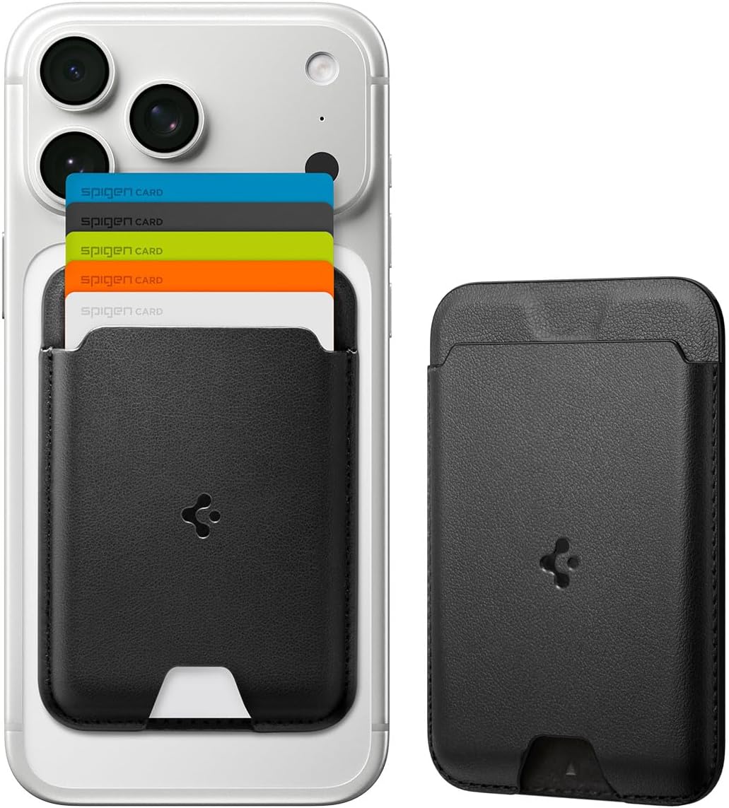 Spigen for MagSafe Wallet, Holds 5 Cards, MagFit Compatible with iPhone 17/16/15/14/13/12 Models, Pixel 10 Series, MagSafe-Cases, Pixelsnap and More, Card Holder - PU Black (5-Cards)