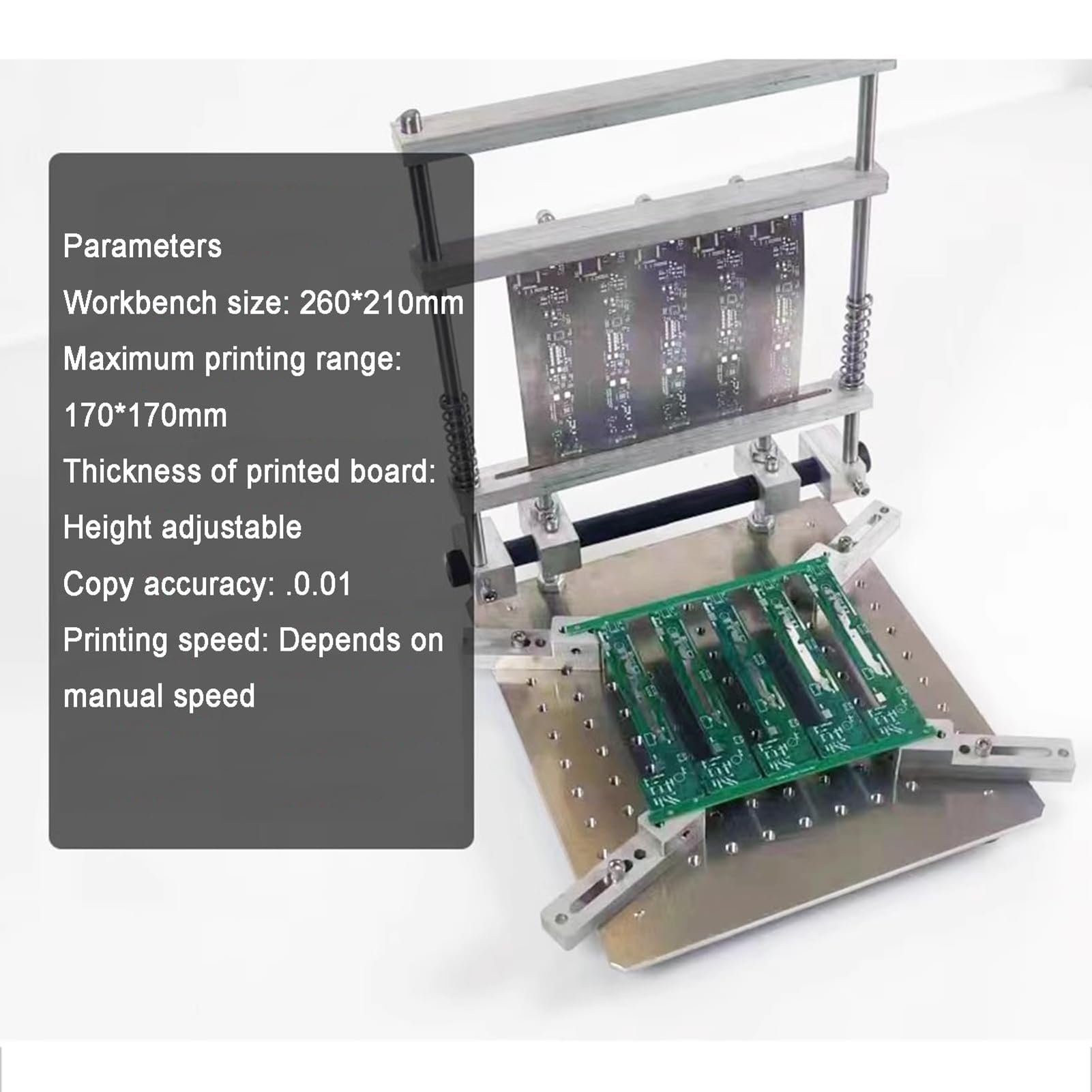 Stacja do sitodruku do prototypowania PCB, stół z siatki stalowej, maksymalny obszar drukowania 170 mm x 170 mm, regulowana grubość do precyzyjnego nakładania pasty lutowniczej