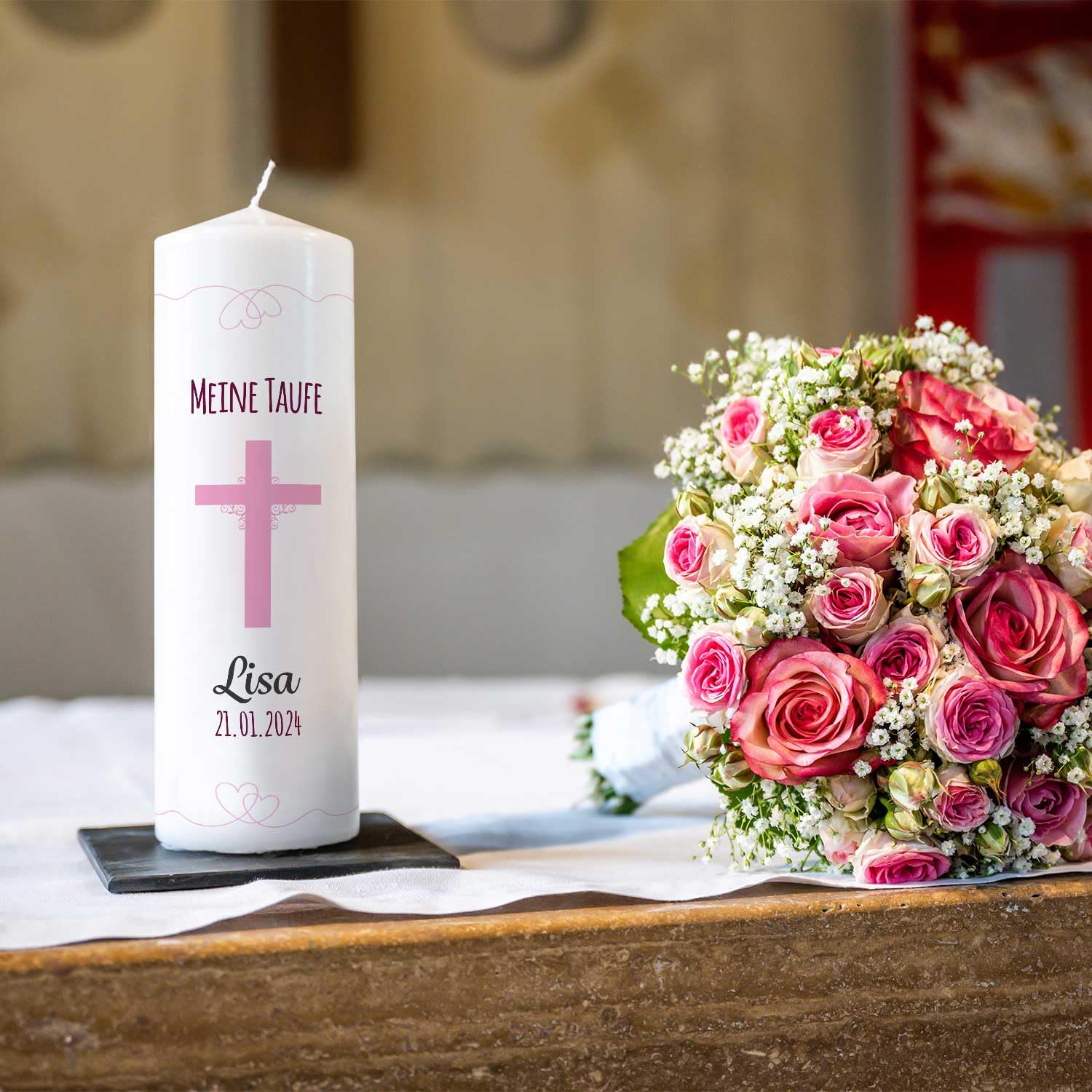 GRAVURZEILE Candela per battesimo a forma di croce con nome, data e battesimo – Candela di alta qualità 250/80 mm stampata brillante – regalo di battesimo personalizzato per ragazze e ragazzi – colore