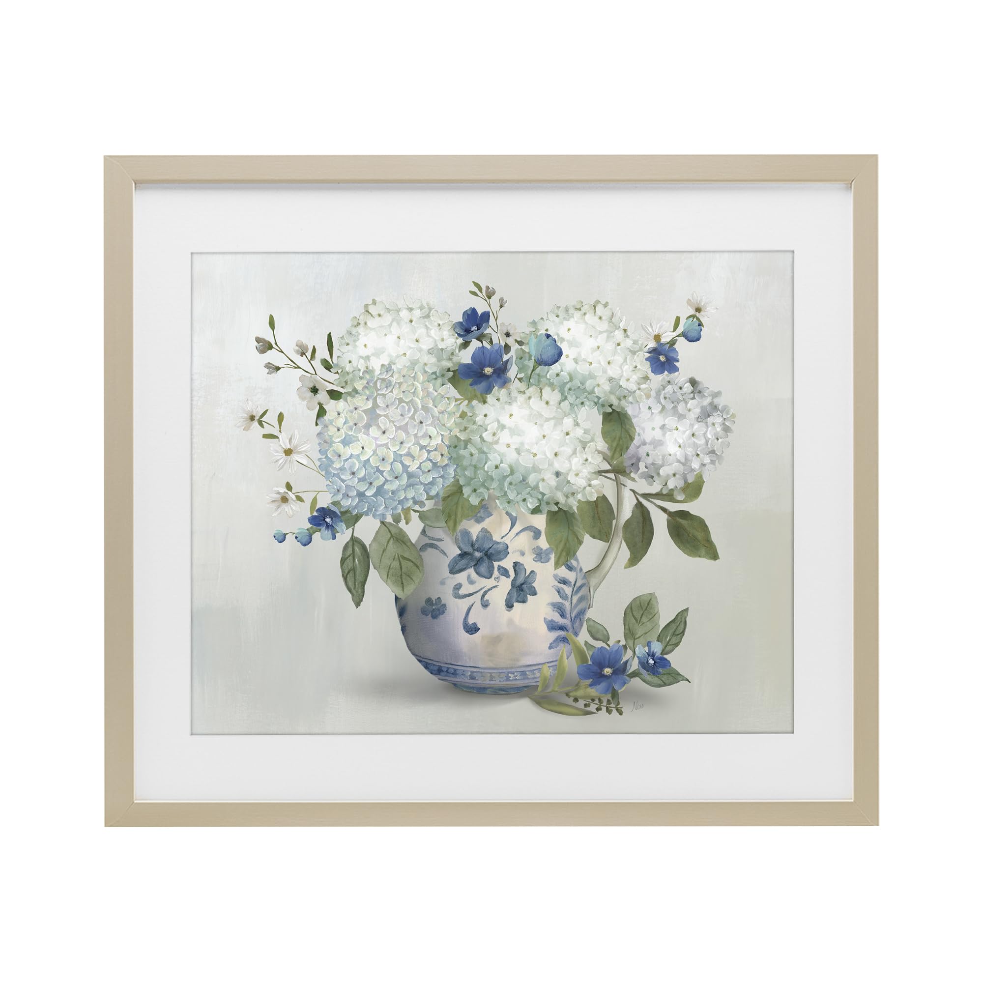Stupell Industries Ivory And Blue Hydrangea Vase, Elegant Botanical Floral Decor for Dining Room, 17 x 21 Inch Framed Matted Print Under Glass, by Nan, Made in USA Gift