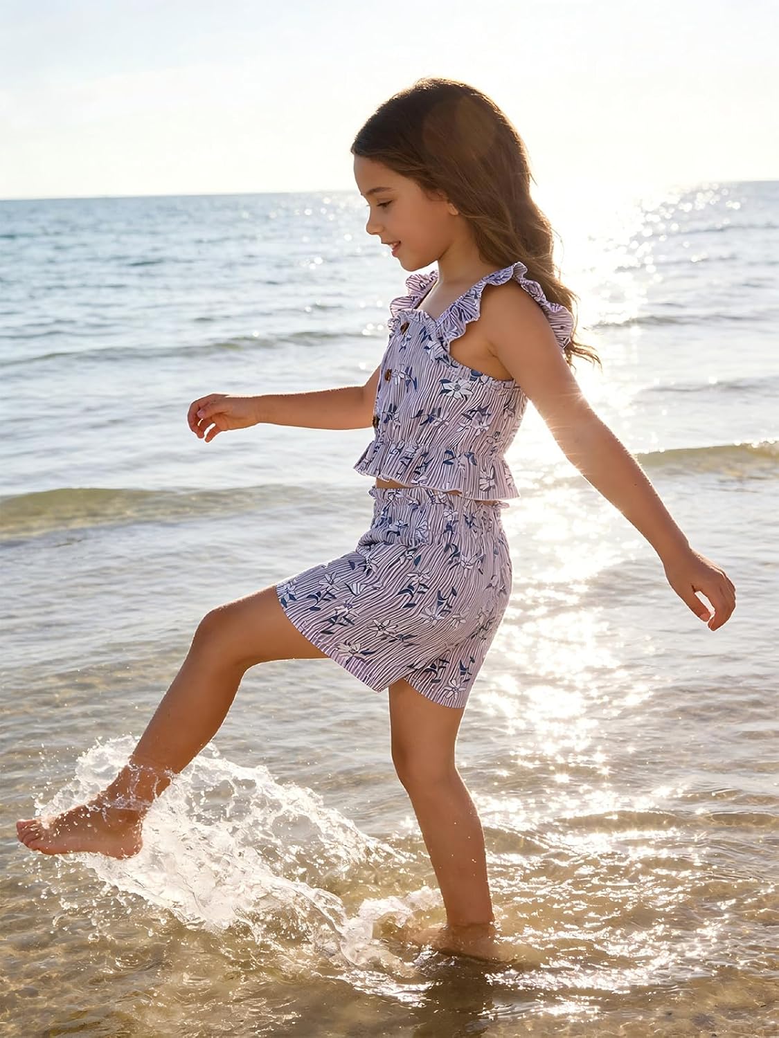 Kids Toddler Girls Summer Clothes Button Design Striped Tank Top + Floral-Print Elastic Shorts 2 Piece Outfits