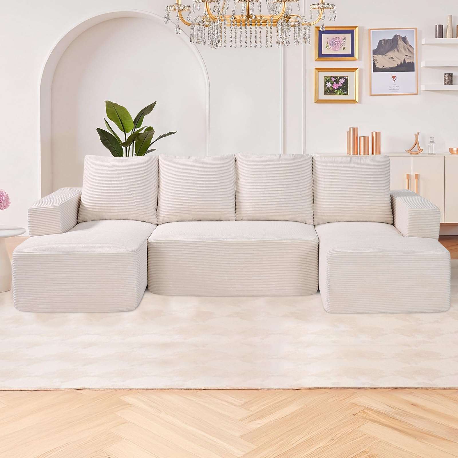 VEVOR Canapé sectionnel modulaire avec méridienne canapé modulaire en Forme de U avec éponge à Rebond élevé et densité en Velours côtelé rembourré avec Coussin pour Salon Appartement Beige