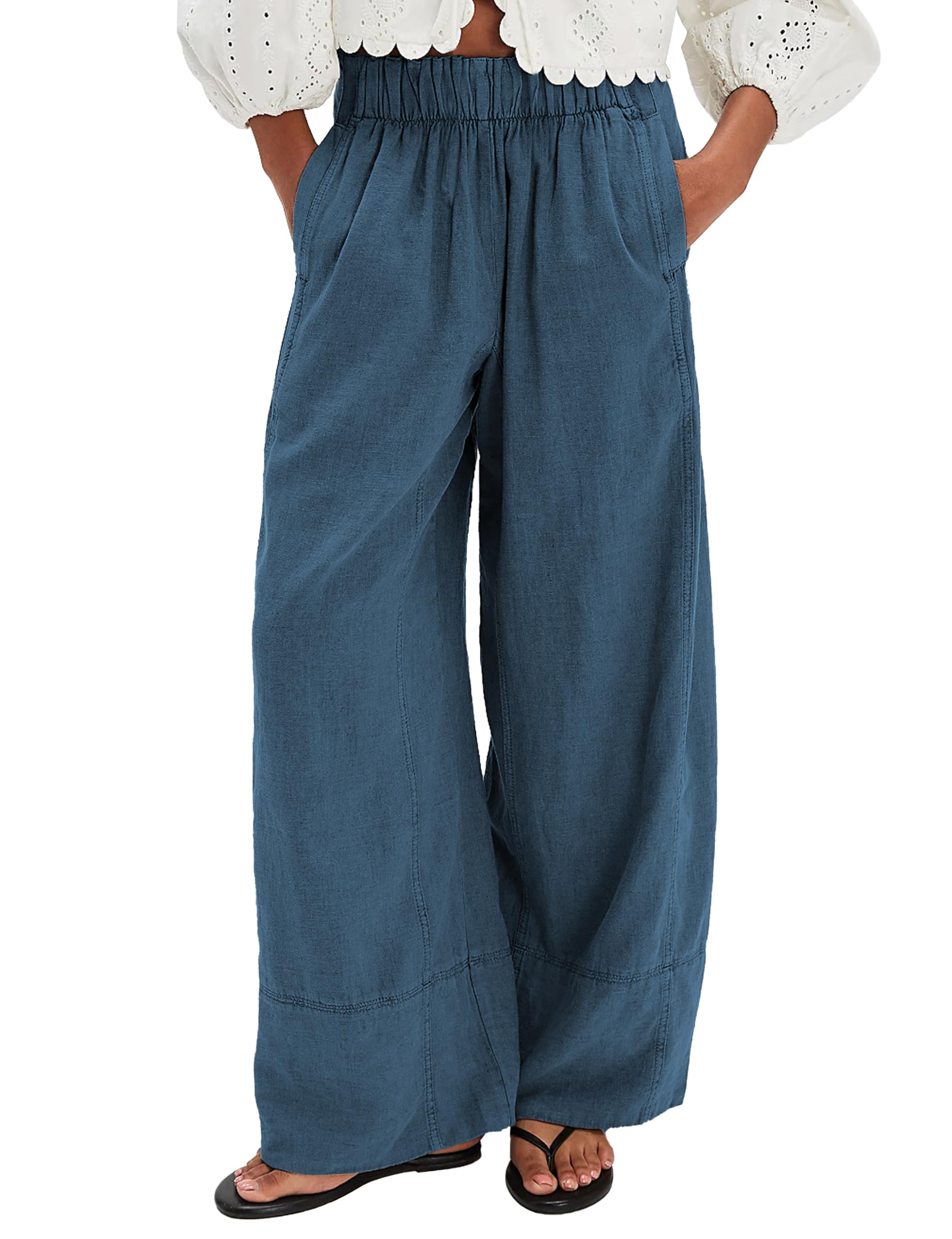 Womens Linen Wide Leg Pants Elastic Waist Summer Boho Palazzo Pants Beach Vacation Casual Trousers with Pockets