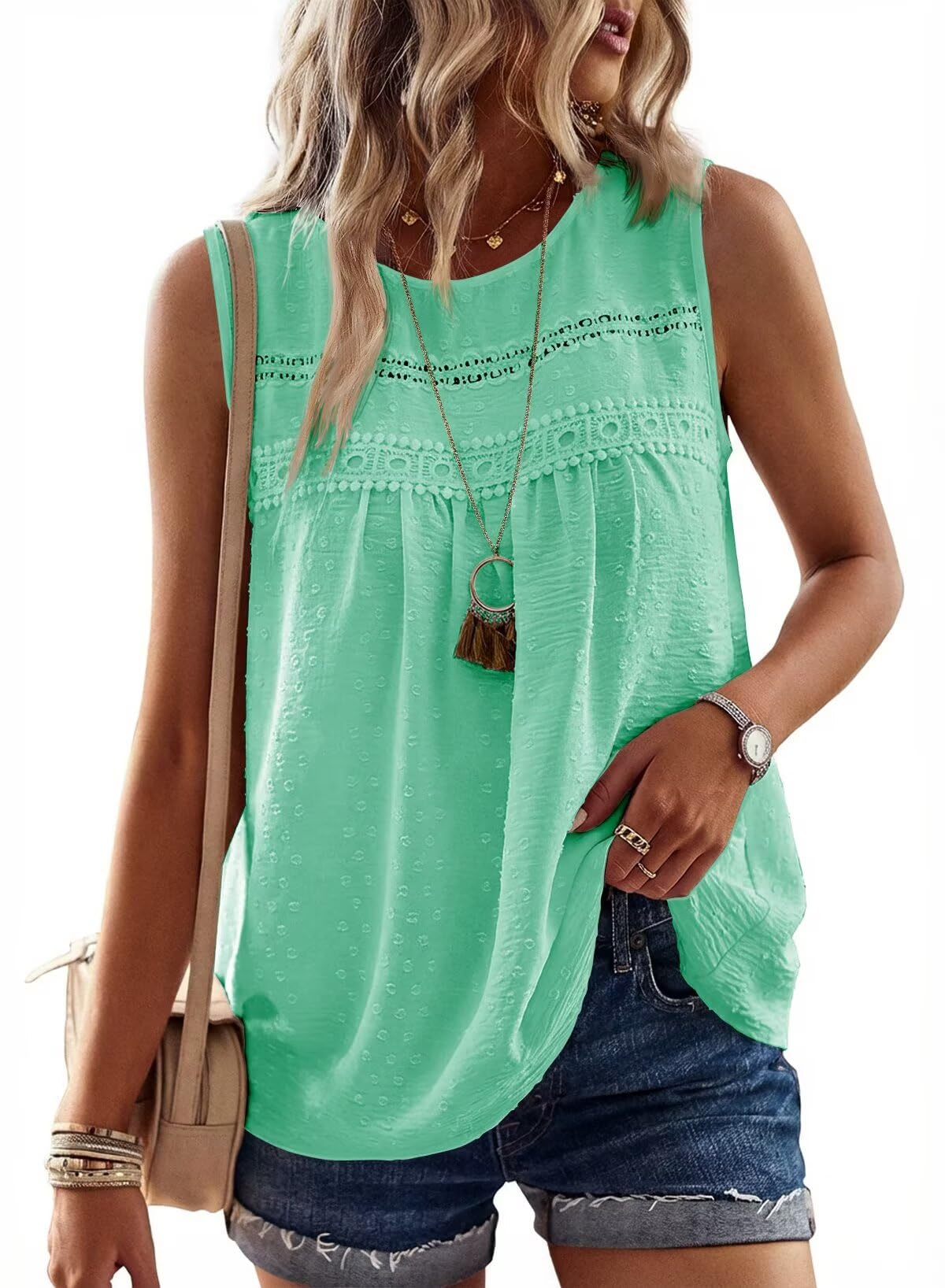 Falechay Tank Tops for Women Flowy Boho Cute Swiss Dots Sleeveless Shirts | Crewneck Loose Fit Summer Blouses, Daily Casual, Hide Belly Fat, Cute Lace Hem Ladies Tunic, Babydoll Crochet Trendy Clothes