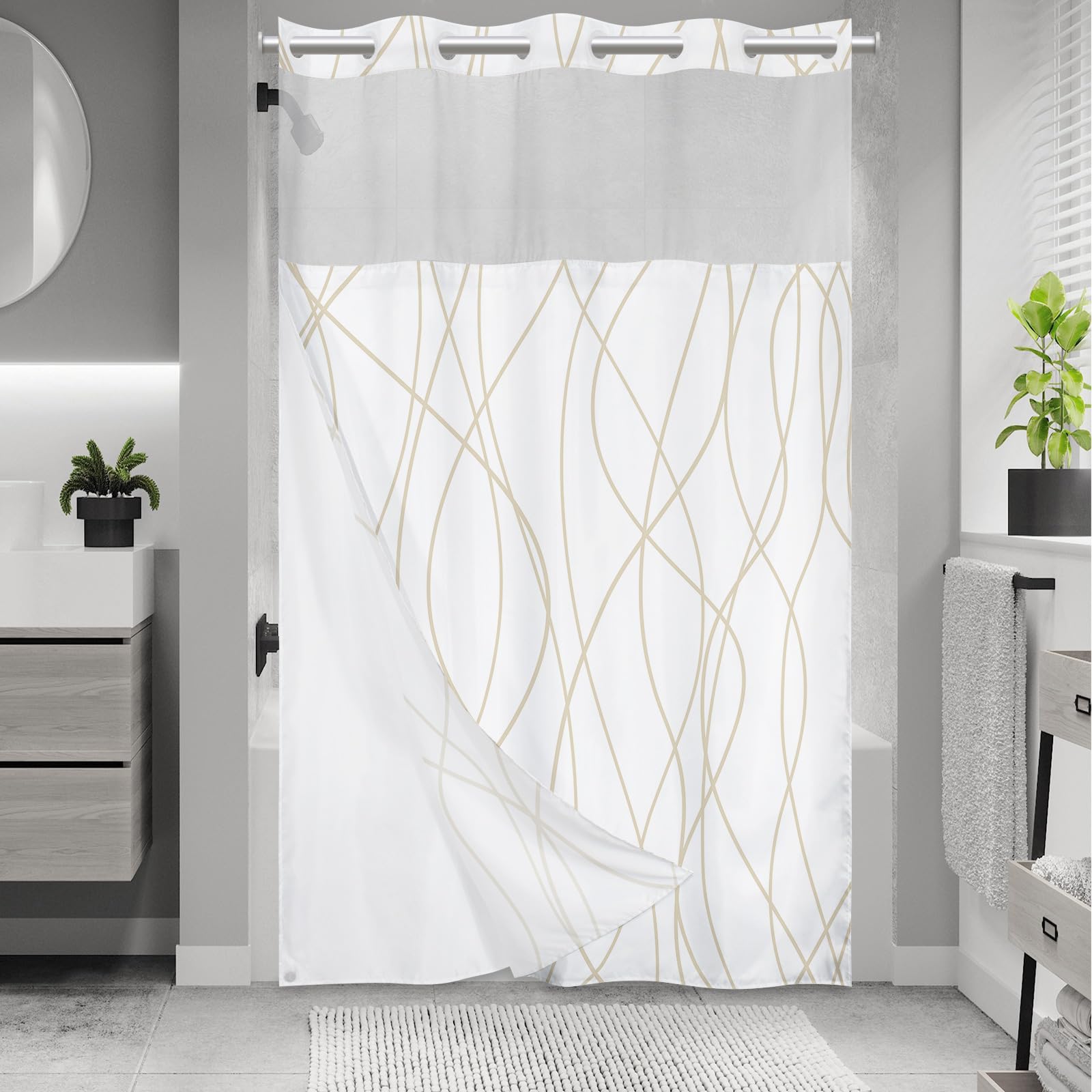 LXBNI No Hook Beige Khaki Striped Stall Shower Curtain with Snap in Fabric Liner Set - Hotel Shower Curtain and Liner Set with See Through Mesh Top Window,Machine Washable, 54x80 INCH
