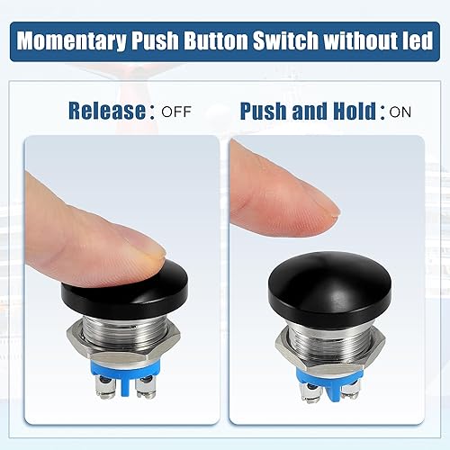 Miniatura 4 de uxcell Interruptor de botón momentáneo de 0.630 in Cabeza de hongo de metal Botón de inicio redondo AC/DC 12V-250V Negro