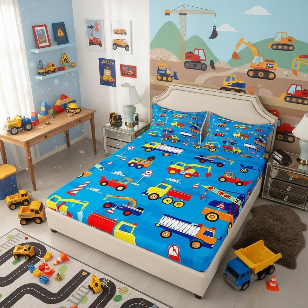 Red Train Fitted Sheets Full Size,Cartoon Choo-Choo Bedding Set 3Pcs Kids Teens Woman Room Decor,Steam Engine Car Bed Sheet Modern White Deep Pocket Sheet,No Flat Sheet