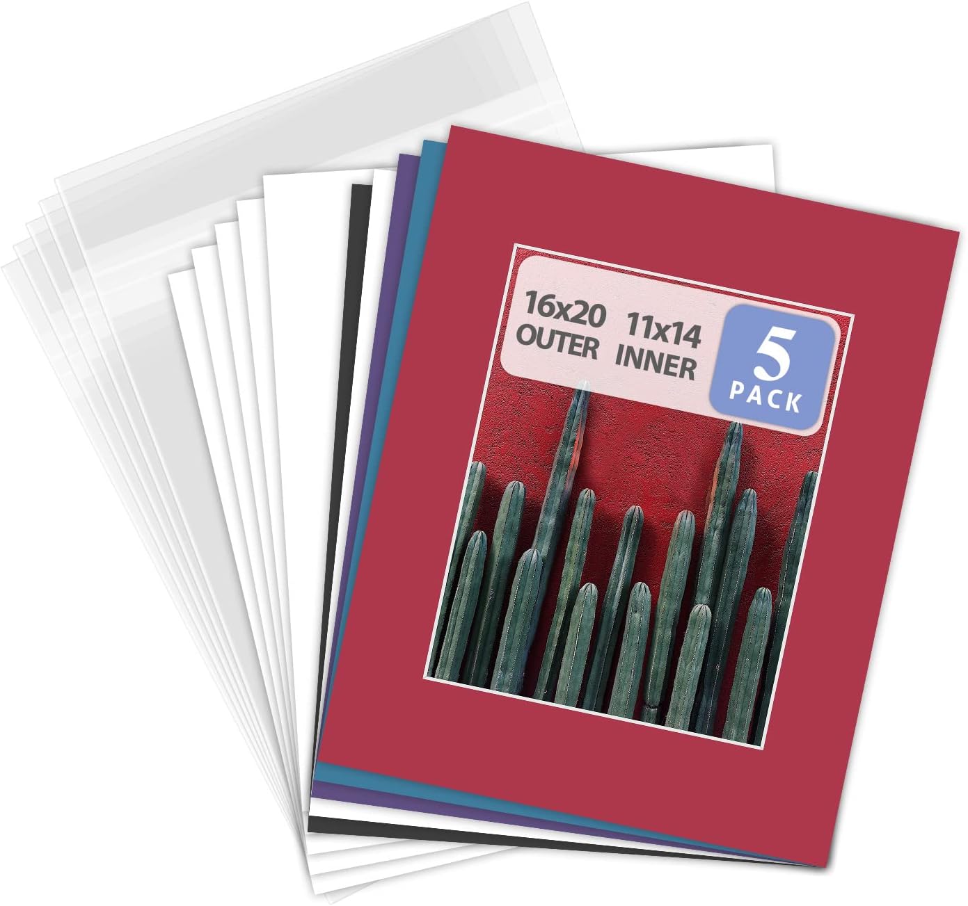 Golden State Art, Pack of 5 Mixed Colors Pre-Cut 16x20 Picture Mat for 11x14 Photo with White Core Bevel Cut Mattes Sets. Includes 5 High Premier Acid Free Matts & 5 Backing Board & 5 Clear Bags