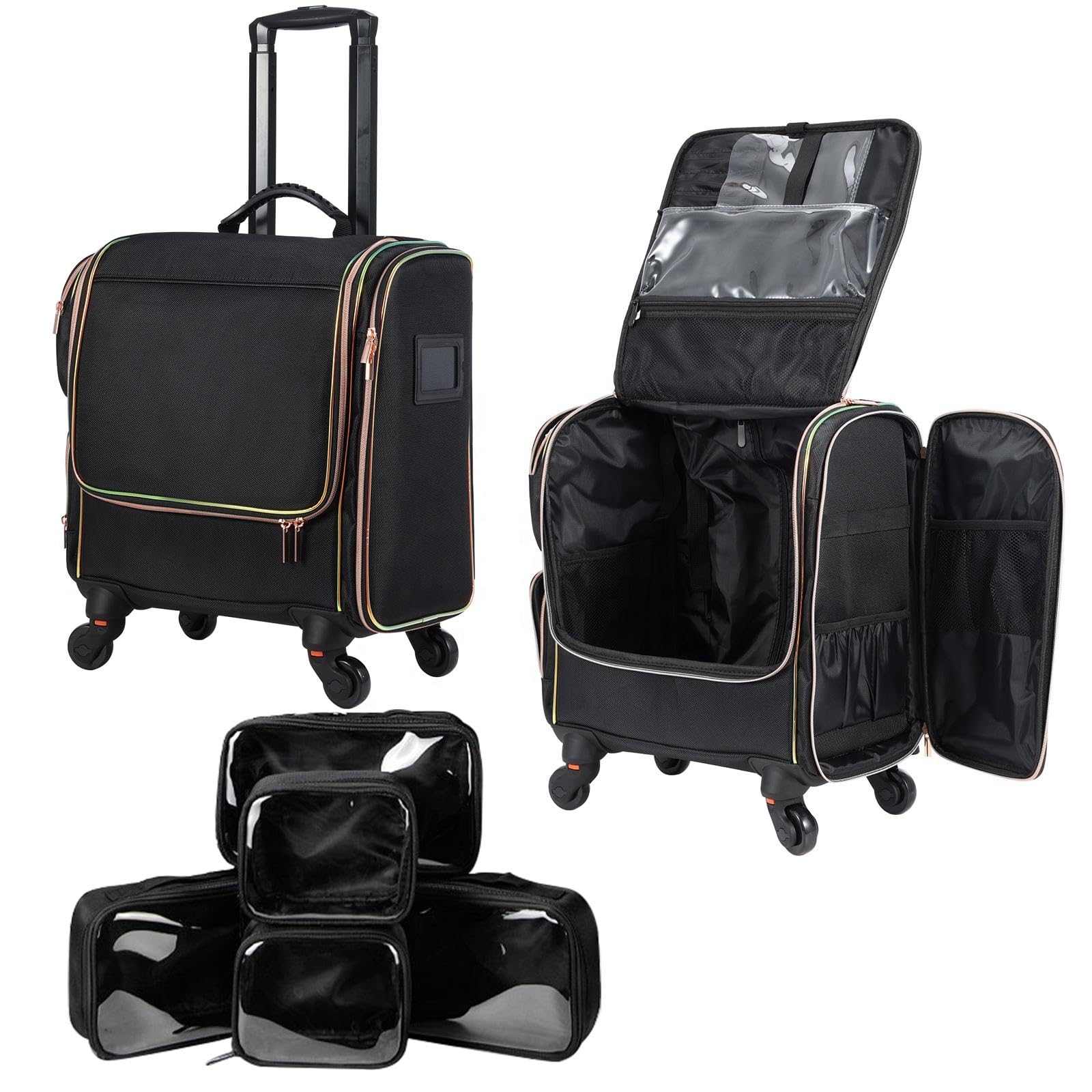 SHAMAX® Rolling Makeup Train Case with 5 Detachable Toiletry Bags | Professional Trolley Cosmetic Organizer with Wheels, Makeup Brush Holder & Waterproof Pockets for Travel & Salon Use-image-35