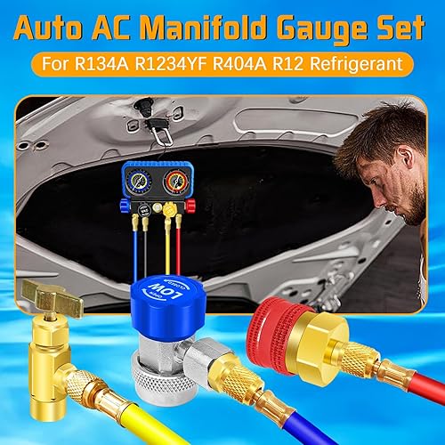 Miniatura 9 de Juego de manómetros de colector de CA R134A R1234YF, juego automotriz de 4 vías de medidor de CA para automóvil R1234yf R134a R404a, kit de recarga
