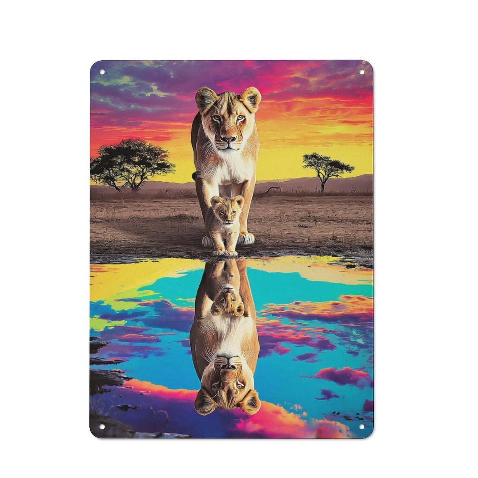 Junmoney Lioness And Cub Reflection In Waterhole Character Decorative Tin Plaque 40X30cm Featuring Small Space Decor For Bedroom, Kitchen, Office Or Living Room