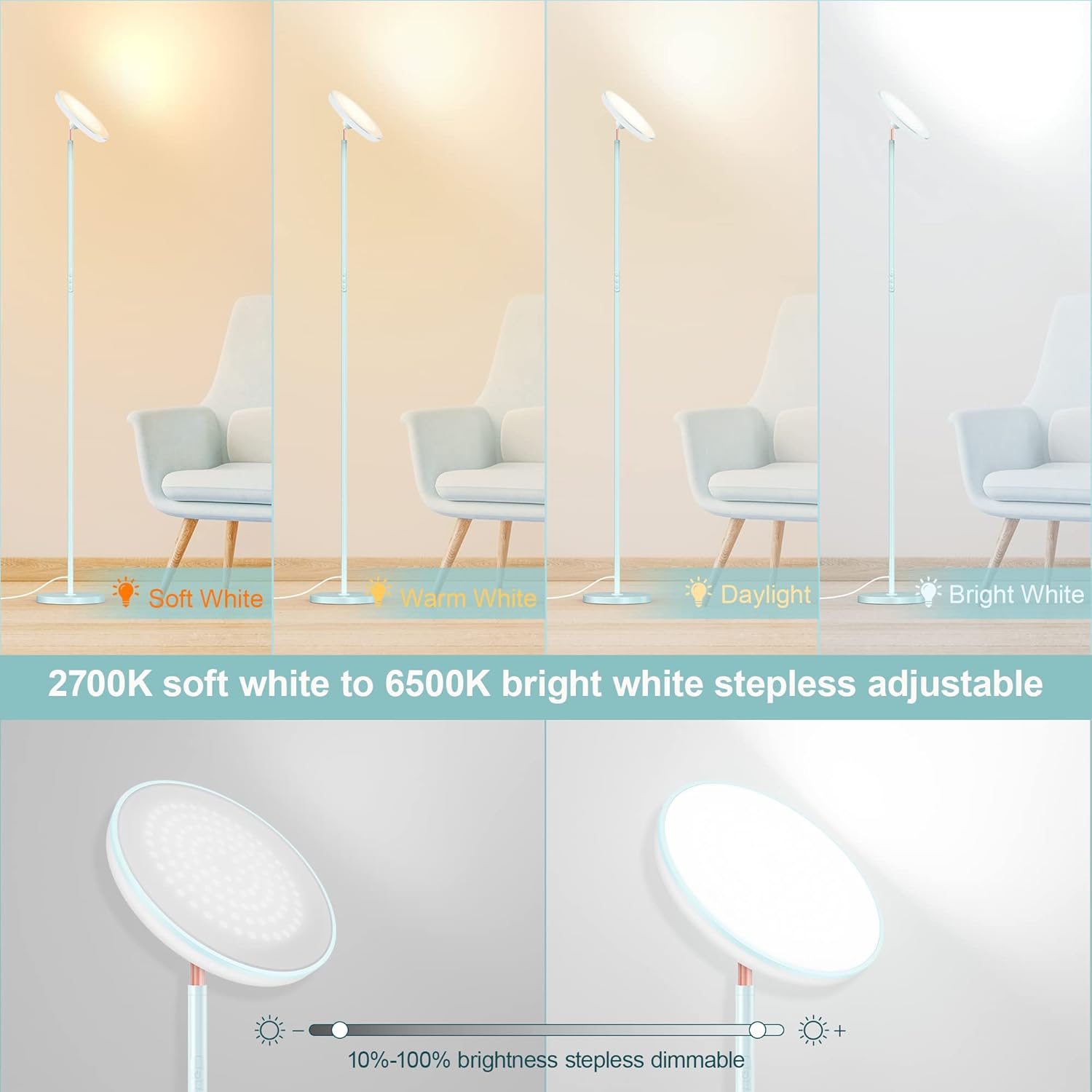 Bright Floor Lamp for Living Room, 42W LED Room Lights with Remote, 3700LM RGBW Modern Tall Standing Light, Color & Brightness Dimmable, UFO Ring Lamp,1/2/3H Timer for Bedroom,Office(Blue)