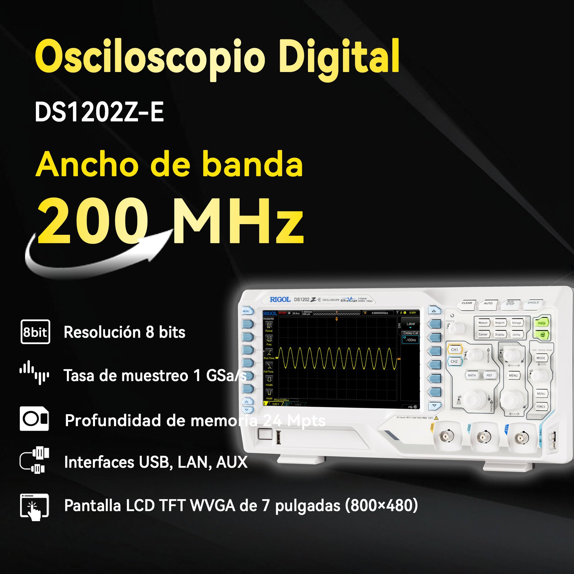 RIGOL Osciloscopio,DS1202Z-E Osciloscopio Digital,200 MHz,2 canales+EXT,pantalla de fósforo HD de 7 pulgadas,Alta relación calidad-precio,ideal para I+D,mantenimiento y enseñanza en laboratorio