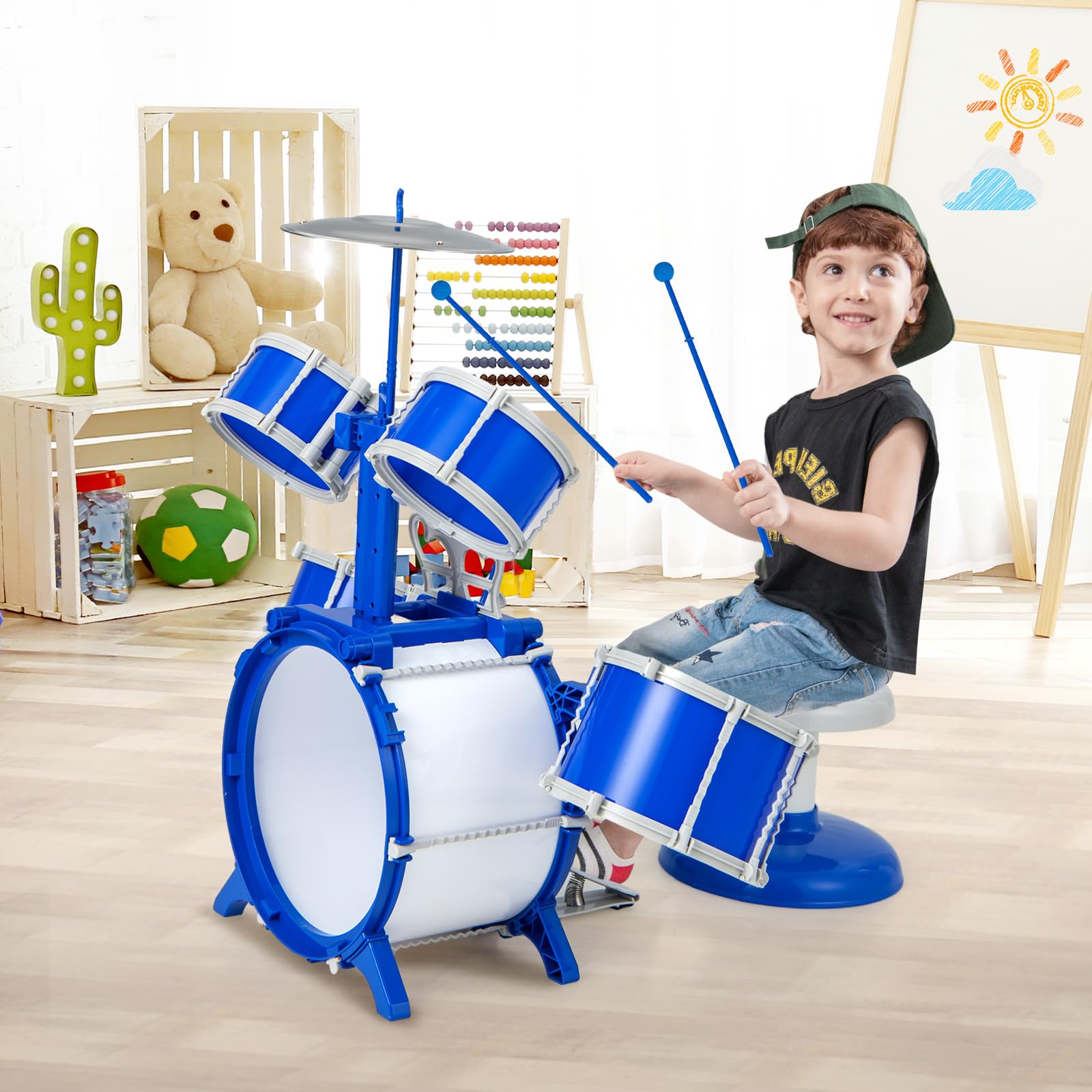 KOMFOTTEU Perkusja jazzowa dla dzieci od 3 lat, zestaw perkusyjny z taboretem, 5 bębnami, 2 pałeczkami, stojakiem na nuty i pedałem, instrument muzyczny dla dzieci, niebieski