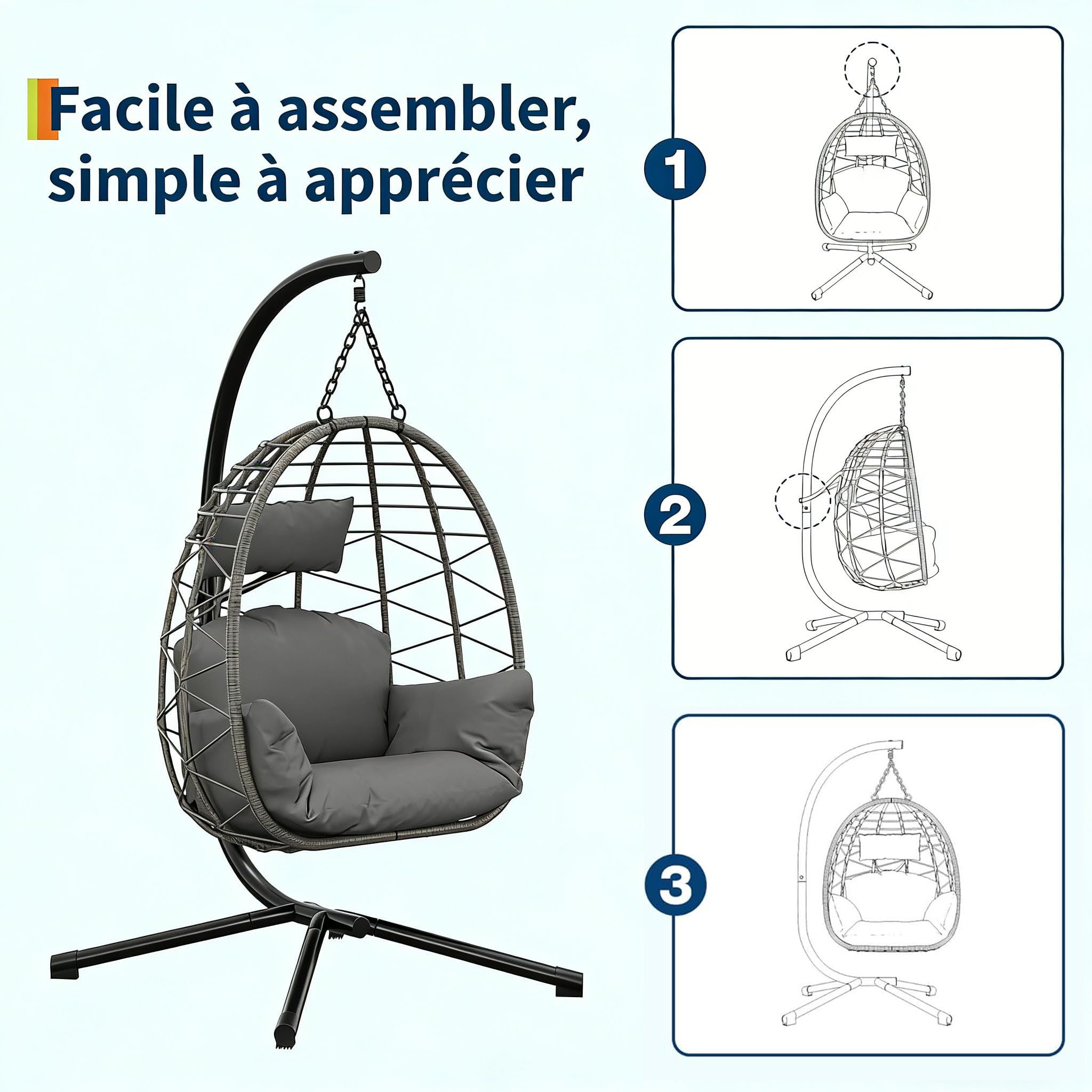 Poltrona sospesa in rattan, sedia amaca coccooning con struttura in acciaio, carico 130 kg, sedia sospesa uovo con copertura antipioggia, amaca altalena per giardino, terrazza, angolo lettura (196 x