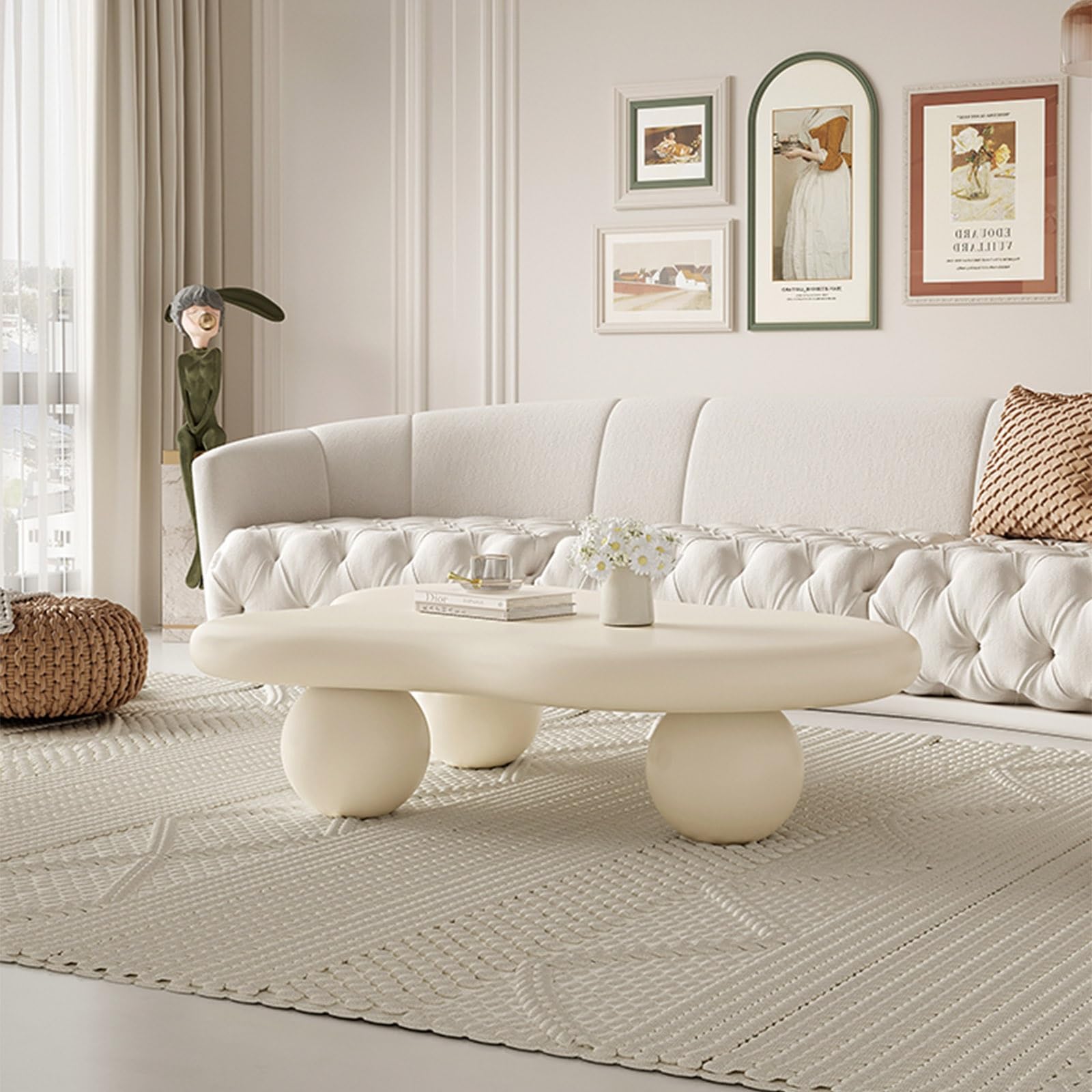 Schlichter Couchtisch in Wolkenform in Weiß/Creme, moderner Beistelltisch in Wolkenform aus Holz 39×27 für Wohnzimmer und Schlafzimmer, unregelmäßiger Couchtisch mit 3 Kugelbeinen Küche, Haushalt & Wohnen