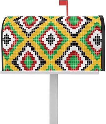 Magnetic Mailbox Cover Geometric Plaid Pixel Color Block Green Yellow White Standard Size Removable Post Letter Box Cover Waterproof Garden Yard Outdoor Decoration