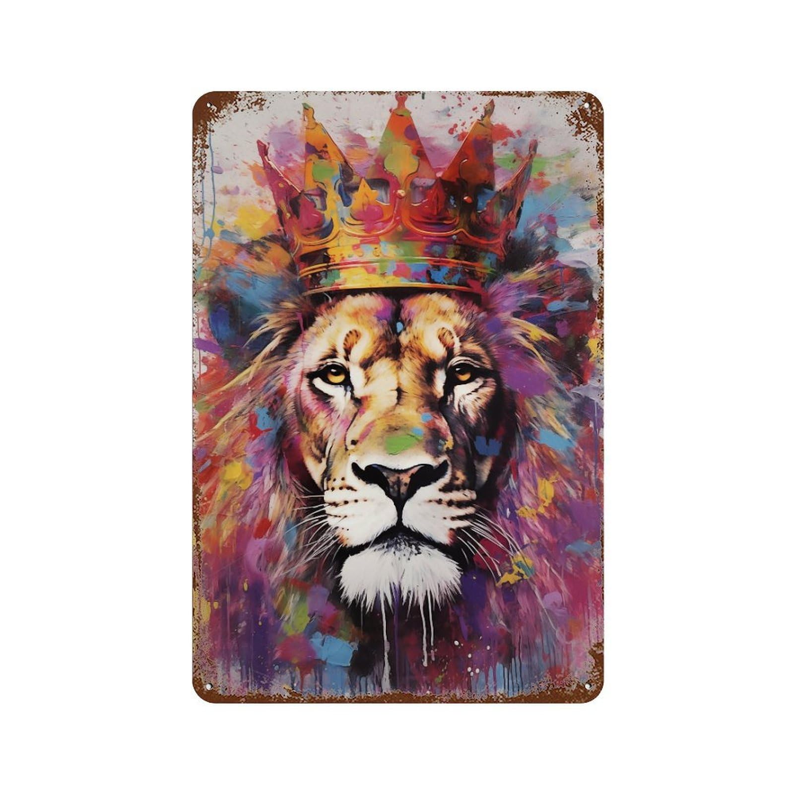 Rust Effect Colorful Lion Crown Art Print Rustic Tin Plaque 11.8"x7.9", Classic Wall Plaque for Shed, Workshop And Garage Wall Decor