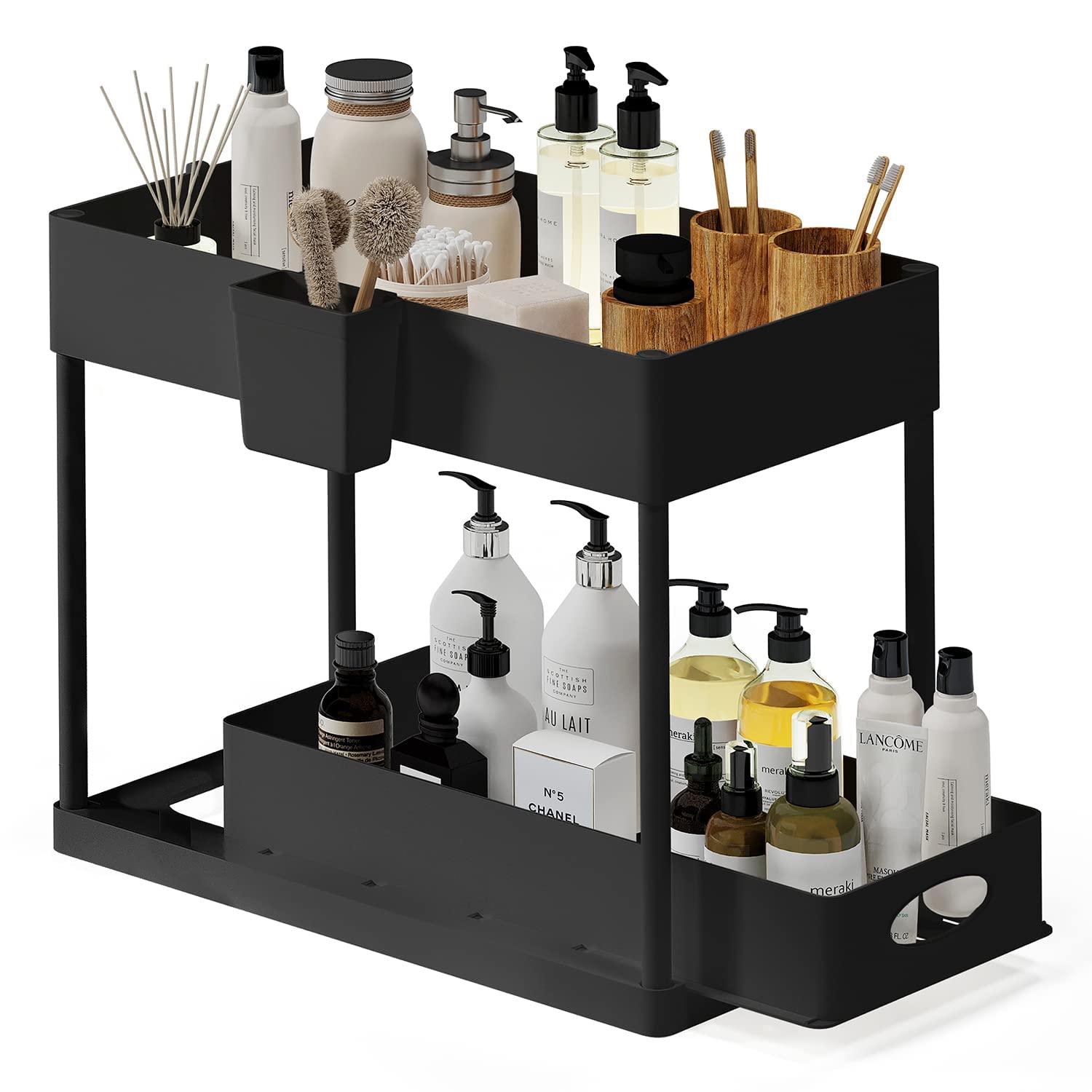 Under Sink Organizers and Storage, Bathroom Cabinet Organizer, Sink Shelf with Utility Hooks and Side Caddy for Under Cabinet Storage | Under Kitchen Sink Organizer with Sliding Drawer, Black (1-Pack)