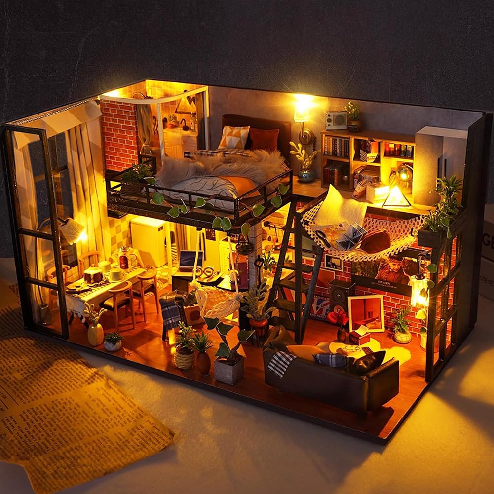 Kit fai da te in miniatura per casa delle bambole con copertura antipolvere, kit fai da te per casa delle bambole in legno per stanza creativa, mini kit di costruzione per adulti