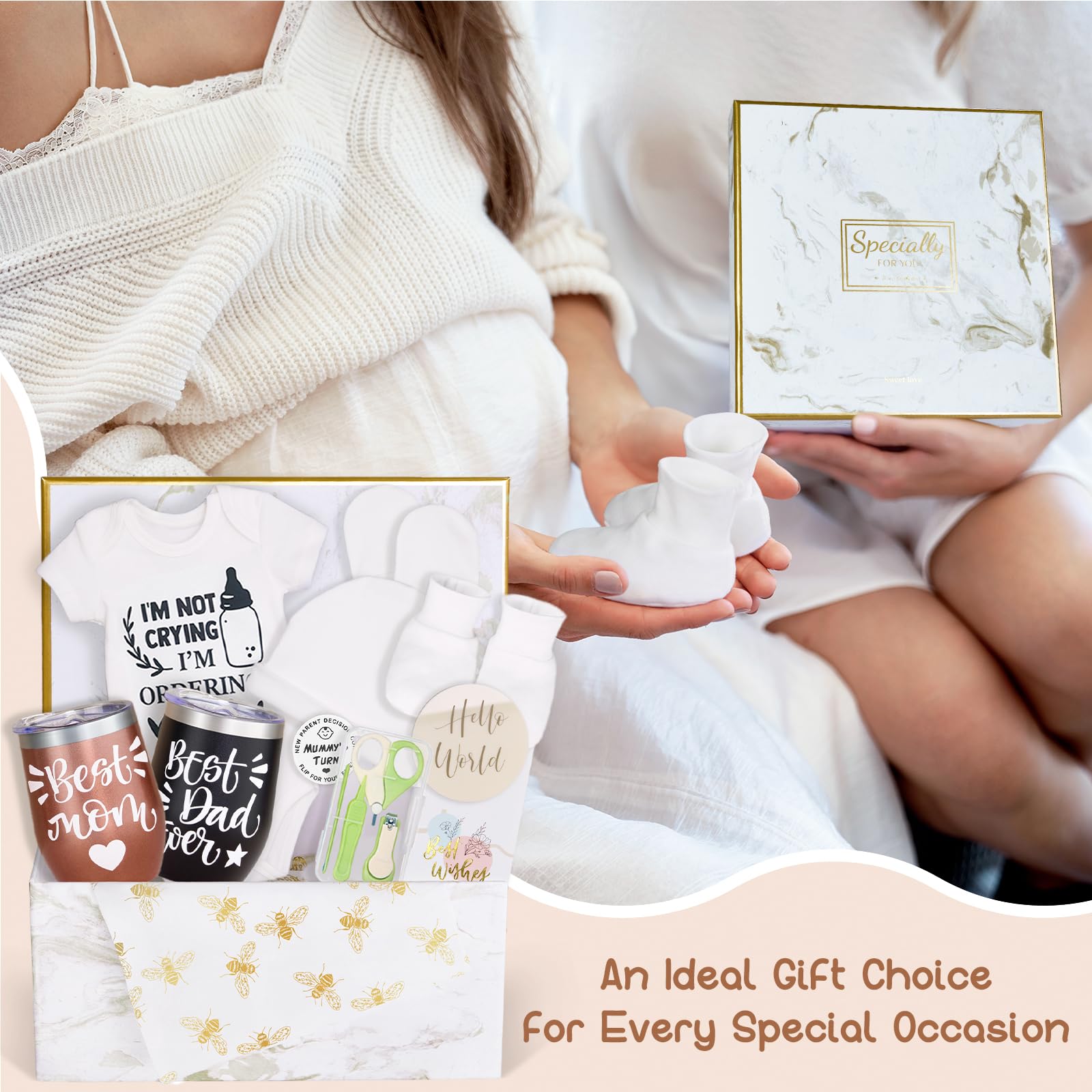 10Pcs Gender Reveal Gift, Baby Shower Gift Basket for New Parents to Be & First Time Expecting Parent Mom and Dad. Newborn Essentials Box, Pregnancy Announcement Gift Ideas