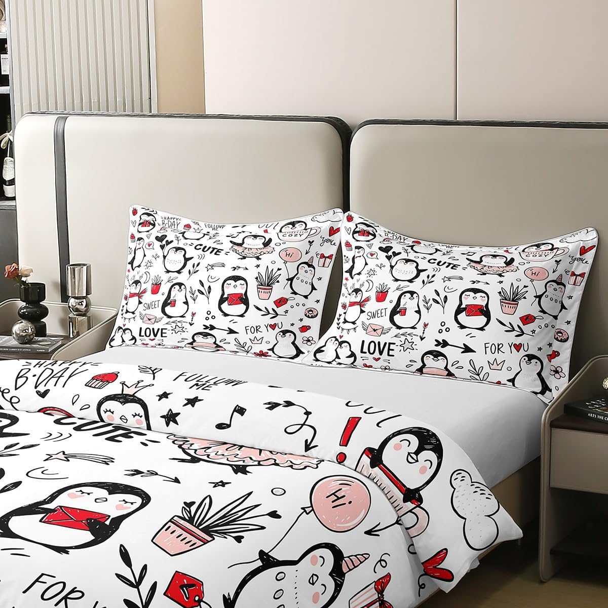 Nature Cotton Cartoon Penguin Duvet Cover Queen,Kawaii Wild Animals Hand Draw Graffiti Comforter Cover (Not Comforter),Valentine's Day Party Decor Gifts All Season Super Soft Bedding