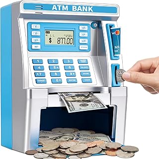 Blue Piggy Bank for Kids, ATM Machine Bank for Real Money with Debit Card, Bill Feeder, Coin Recognition, Balance Calculator, Electronic Savings Safe Box, Gifts for Teen Boy Girl