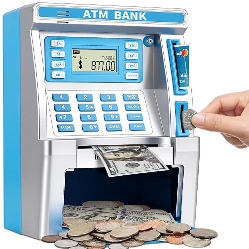 Blue Piggy Bank for Kids, ATM Machine Bank for Real Money with Debit Card, Bill Feeder, Coin Recognition, Balance Calculator, Electronic Savings Safe Box, Gifts for Teen Boy Girl