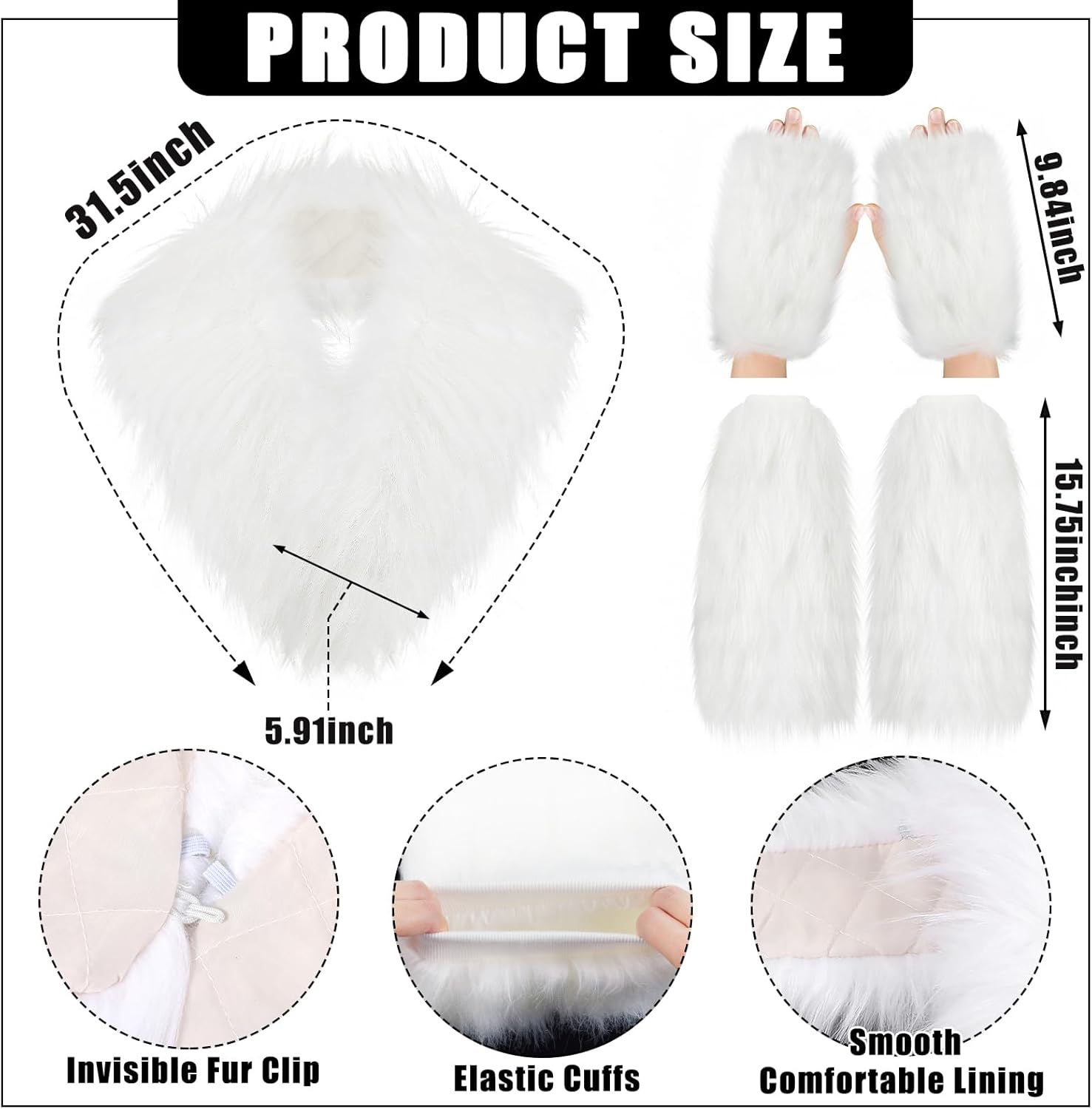 3 Pcs Halloween Y2k White Furry Costume Accessories Set for Women Include Y2k Fuzzy Fur Leg Warmers Gloves Faux Fur Collar for Halloween Cosplay