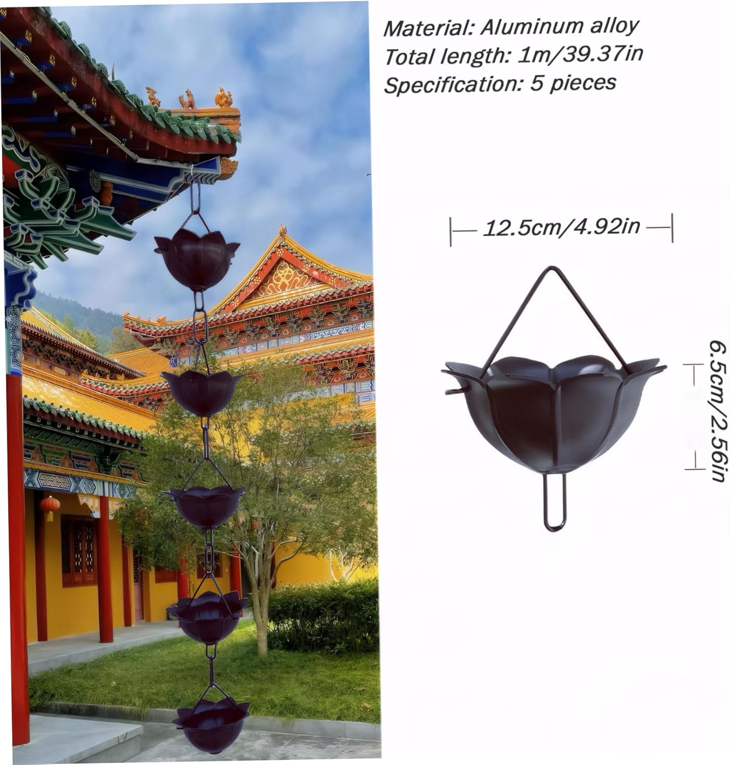 Rain Chain,Garden Rain Cups Chime, 3.3ft Rain Catcher Chain with 5 Petal Cups, Decorative Rain Chains for Outside Gutters, Eaves, Drainage, Rain Catcher Chain