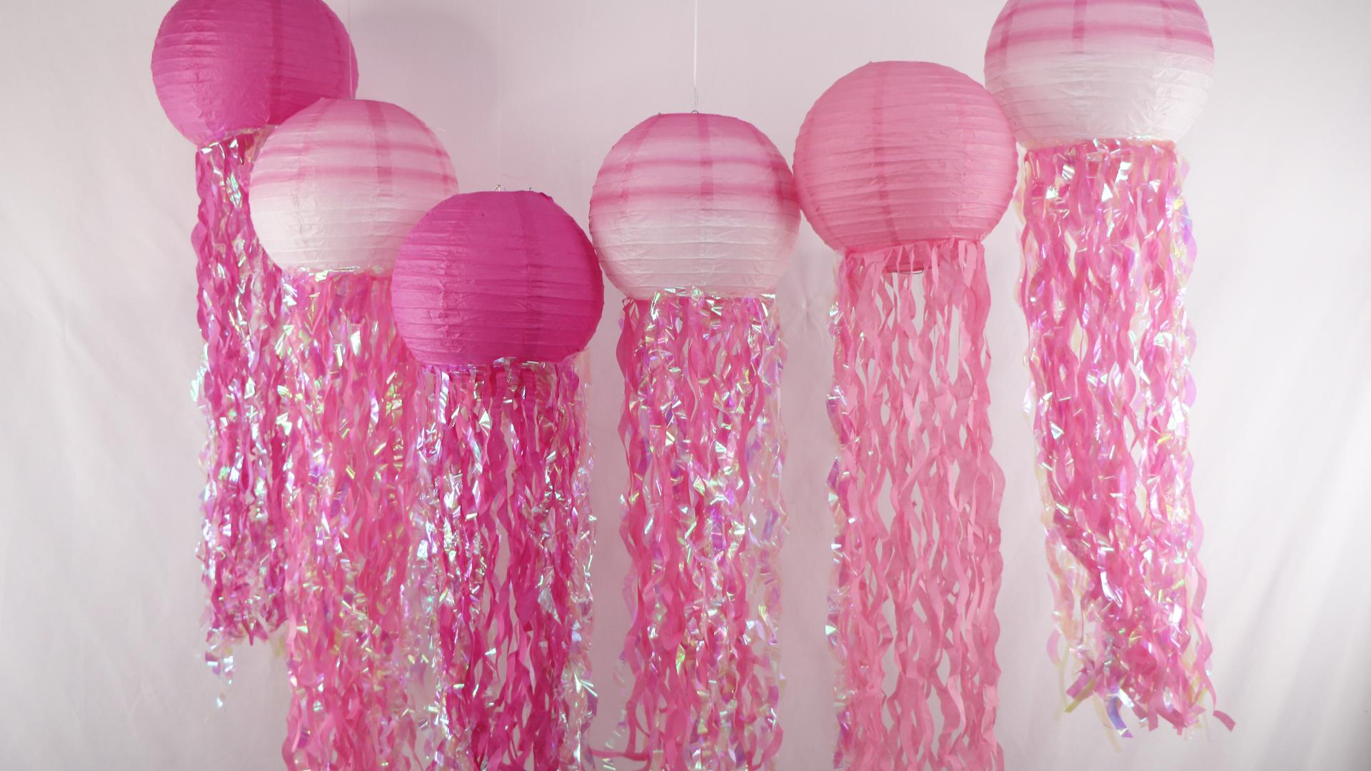 Image of 8 Pack Jellyfish Paper Lanterns, Blue Teal Mermaid Under the Sea Decor Kit | Ruffled edges and iridescent streamers for hanging jellyfish decorations birthday under sea baby shower ocean decor
