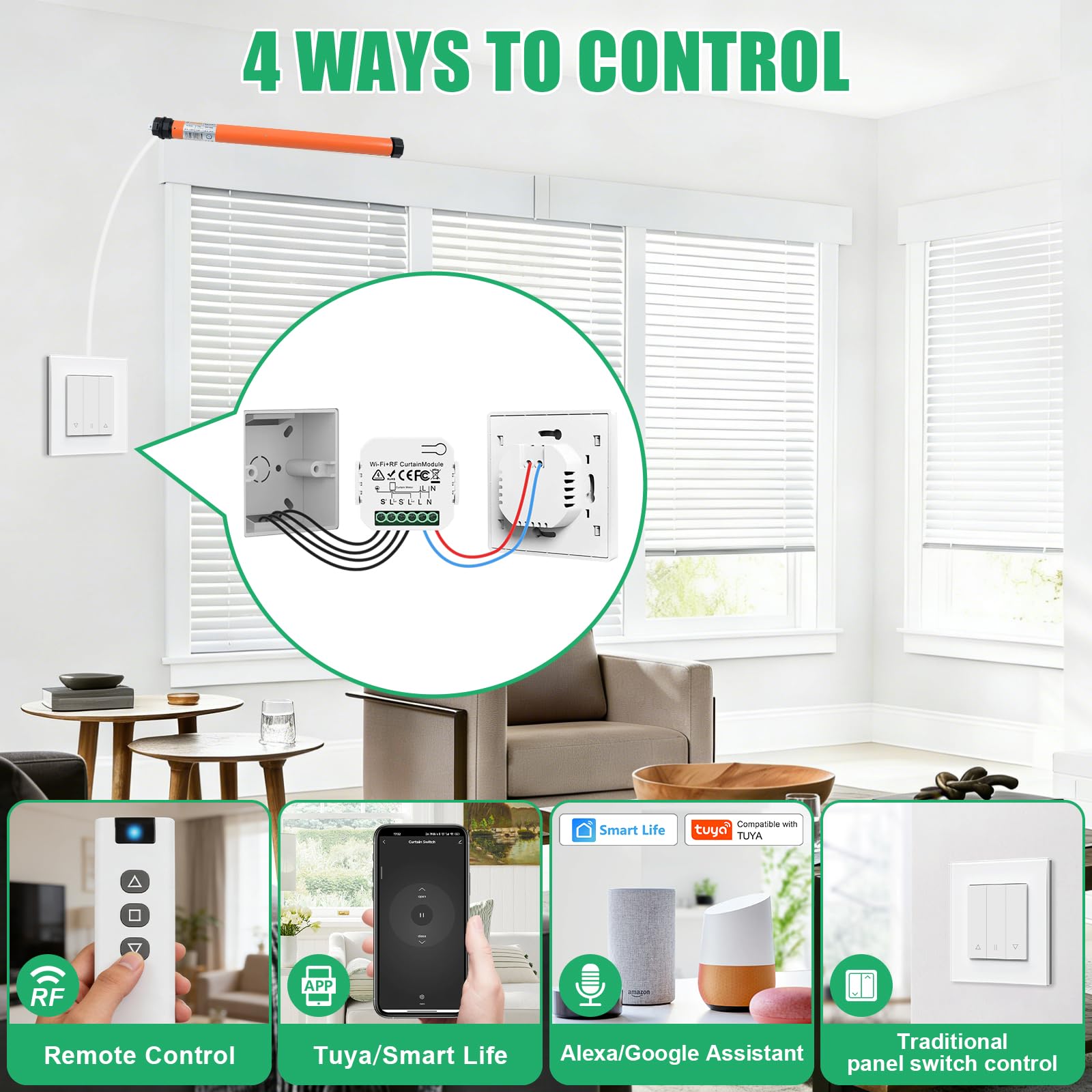 Interruttore per tapparelle Alexa con 1 telecomando RF, modulo interruttore per tapparelle WiFi con app Tuya, controllo intelligente per tapparelle compatibile con Alexa Google per tende, veneziane