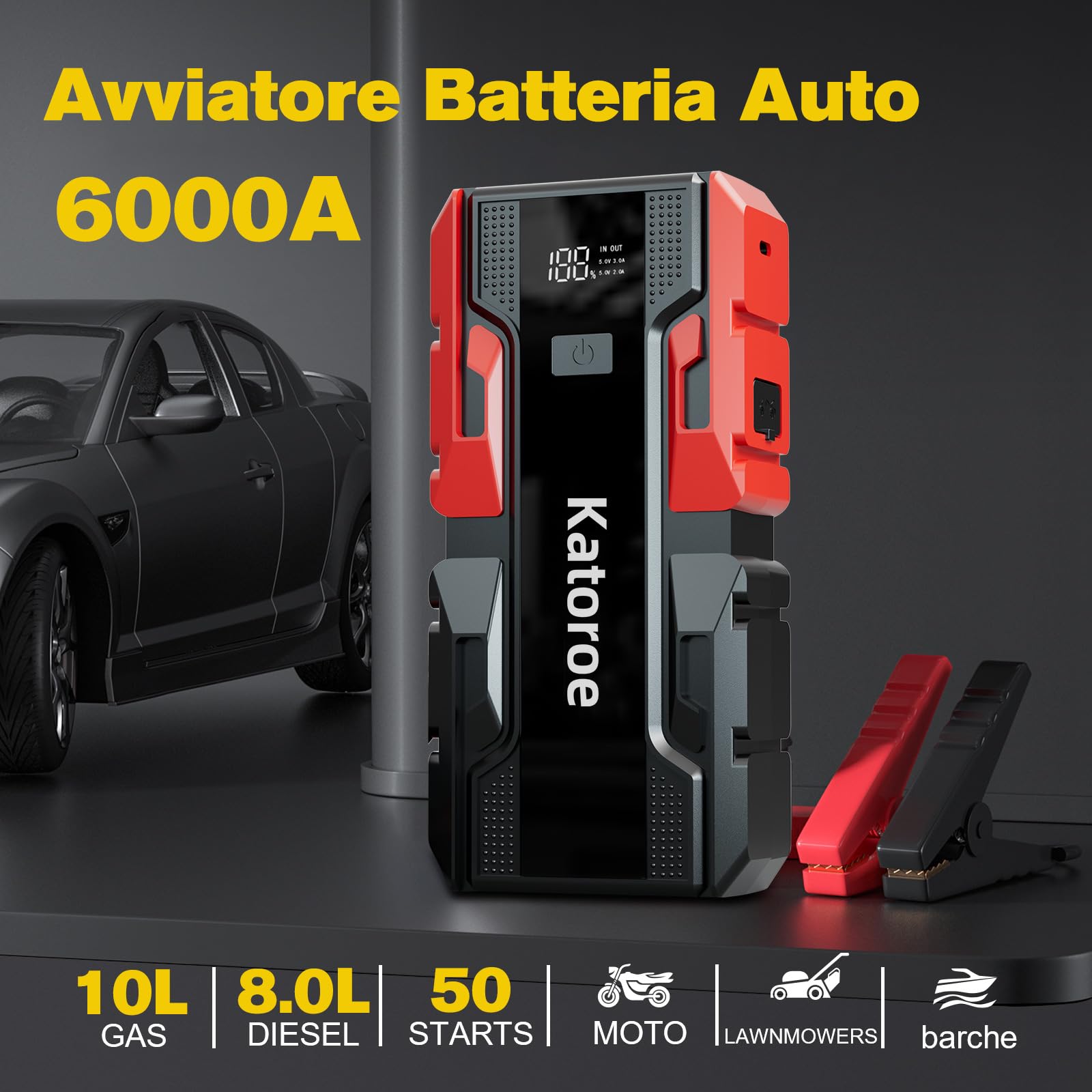 Avviatore Batteria Auto, 6000A Avviatore Emergenza per Auto/Moto per (10L Gas 8L Diesel), 12V Jump Starter Booster Avviamento Auto 400 Lumen LED/Ricarica USB-C, Display LED