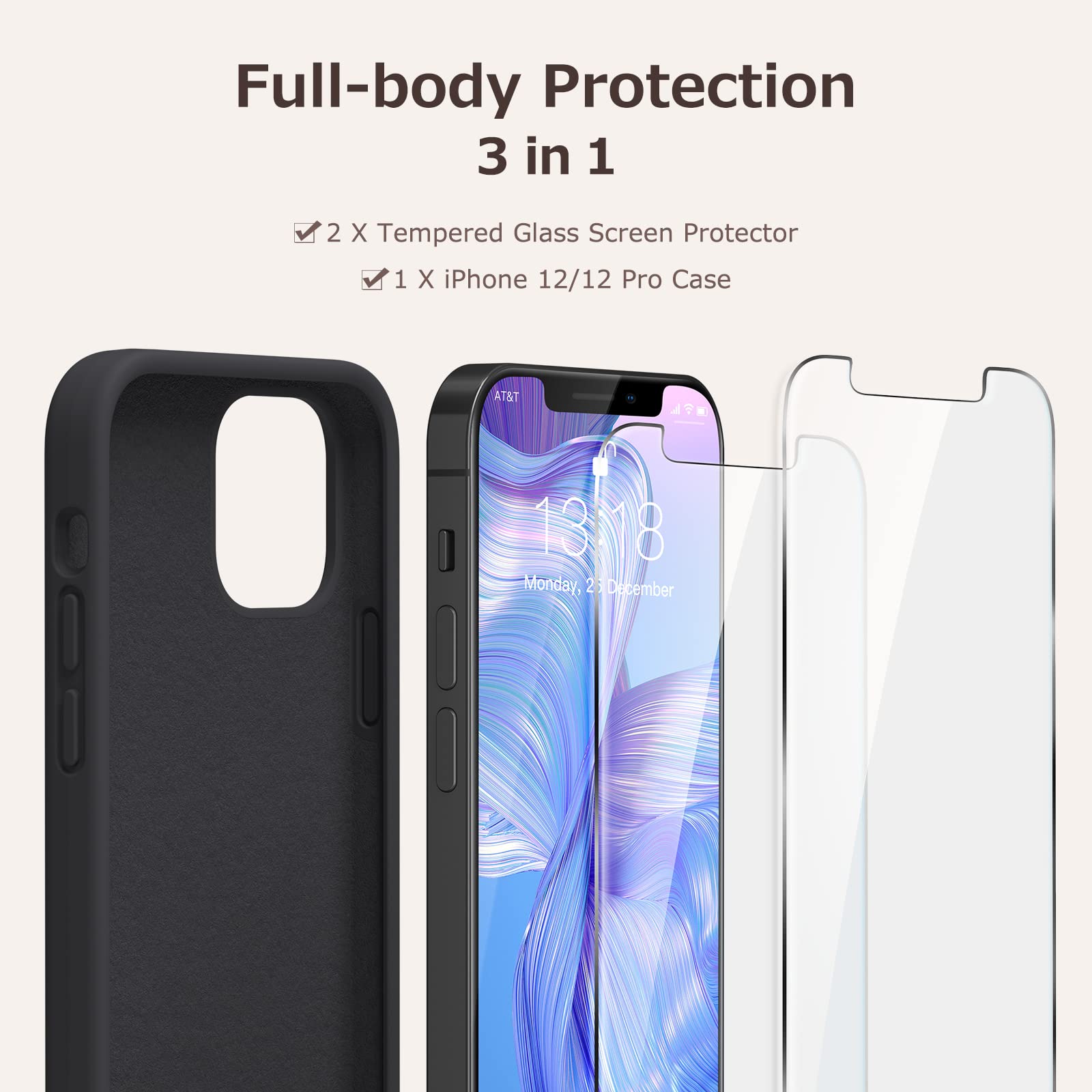 GOODVISH 3 in 1 Cover in Silicone per iPhone 12 & iPhone 12 Pro 6,1", con 2 Pezzi di Pellicola Protettiva, Silicone Liquido Custodia per Cellulare con Morbida Microfibra Antiurto, Nero