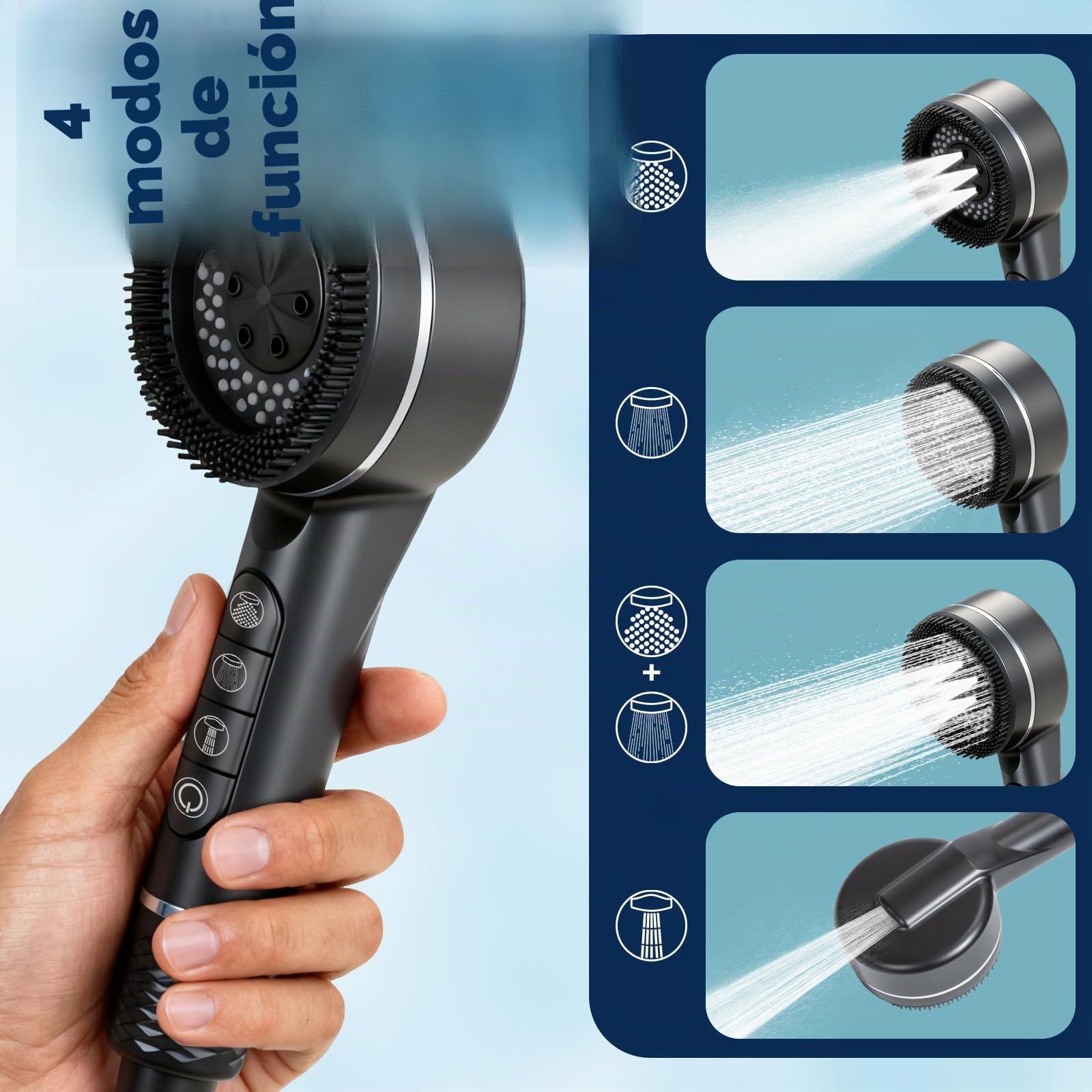 Grifo de Bañera con 4 Funciones Alcachofa de Mano Grifo Bañera Mezclador Monomando en Pared Grifería para Bañera con 1,5M Manguera y Soporte Mezclador de Baño (Negro Set)