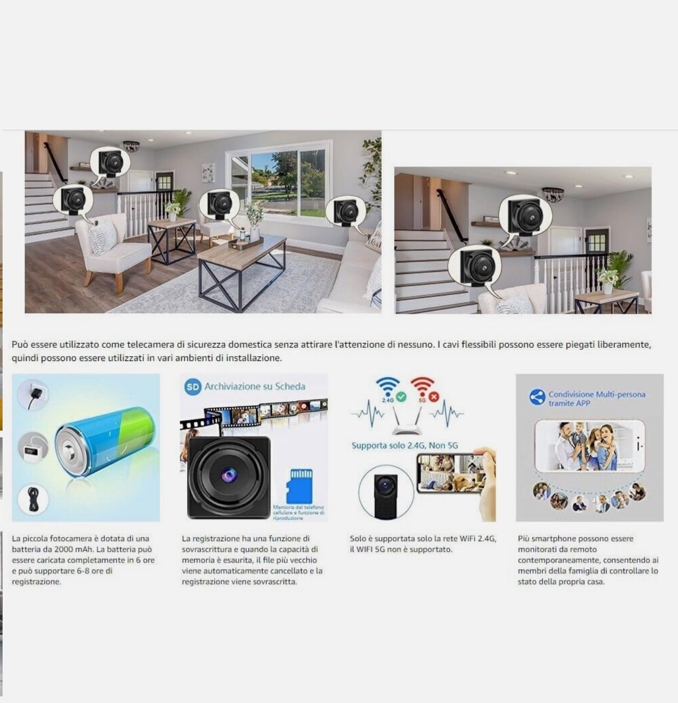 Mini Telecamera WiFi di Sorveglianza con Sensore di Movimento, con Batteria, Controllo da Smartphone, Obiettivo 3mm