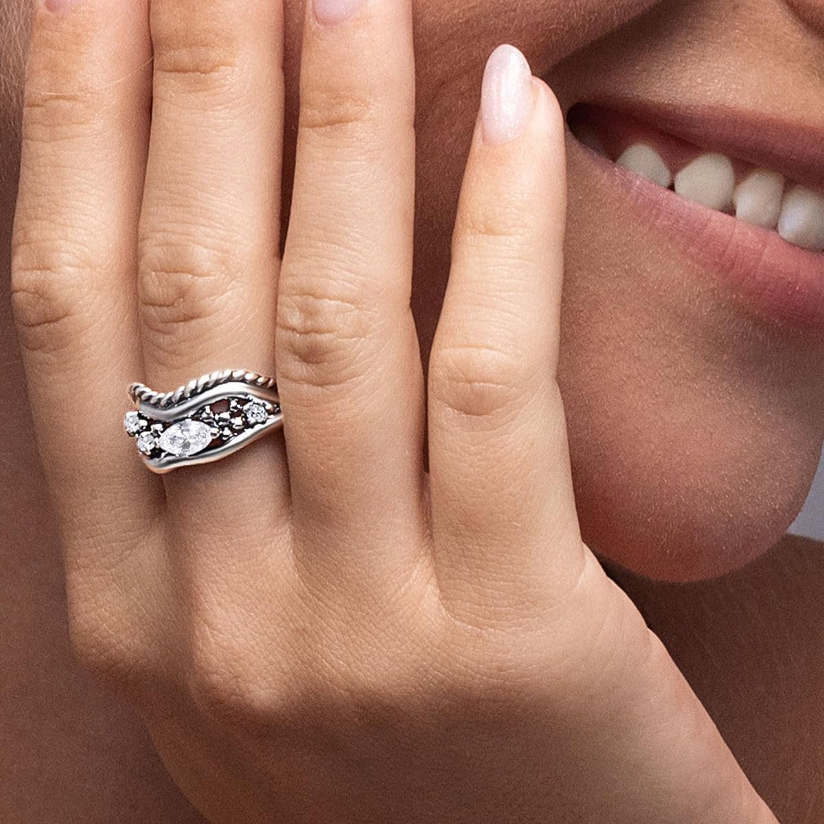 JEAN RACHEL JEWELRY 925 Sterling Silver Ring - Curved Rope with Marquise Cubic Zircona Vintage Design - Hypoallergenic, Lead & Nickel Free Jewelry - Artisan Handcrafted Statement Rings for Women