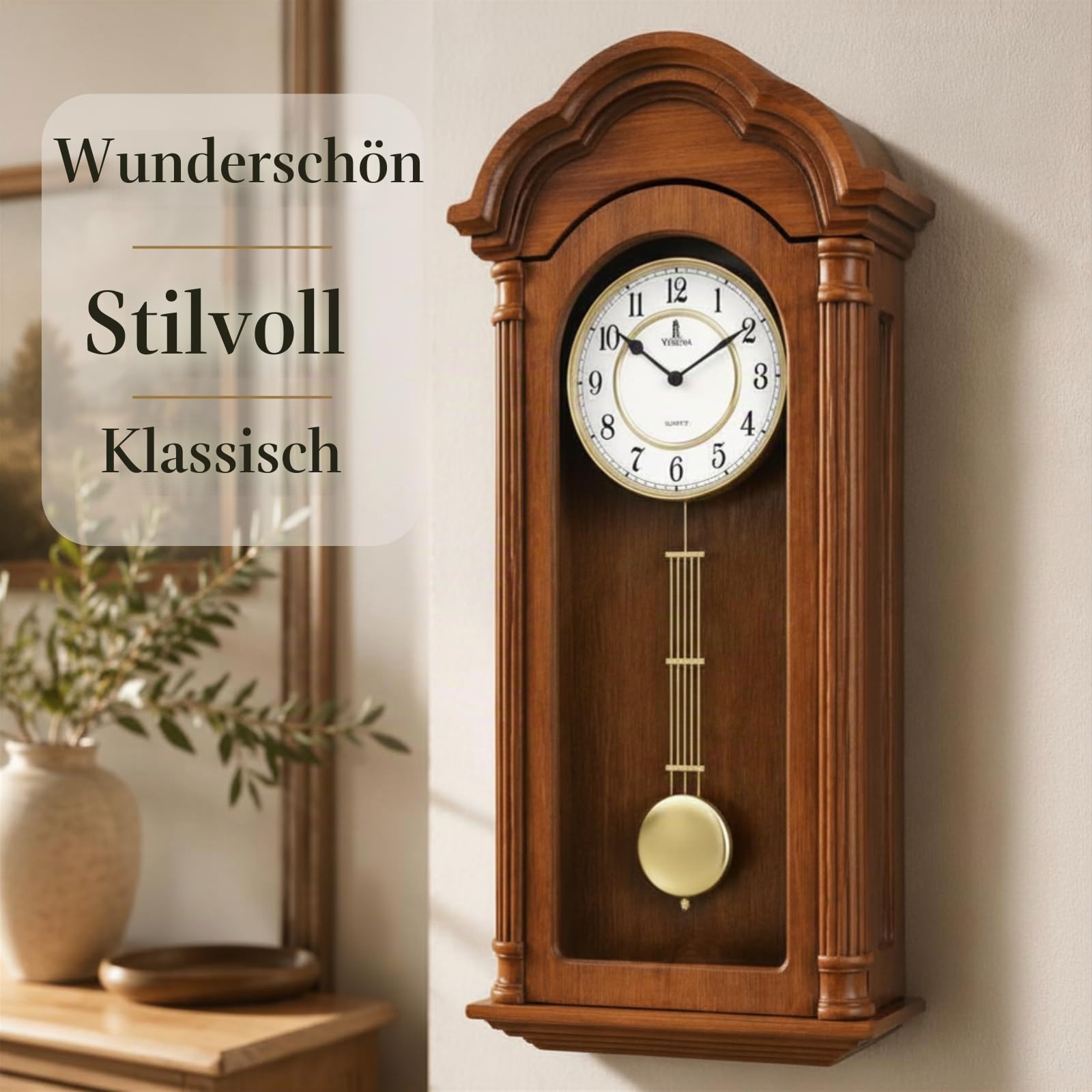 Pendel-Wanduhr, batteriebetrieben, groß, hölzerne hängende Großvater-Wanduhr mit Pendel, leise, hergestellt aus echtem Holz, für Wohnzimmer-Dekor, Büro und Heimdekoration, Geschenk, 66 x 30 cm | Uhr aus Massivholz, 66 x 30,5 cm, geräuschlos, batteriebetri
