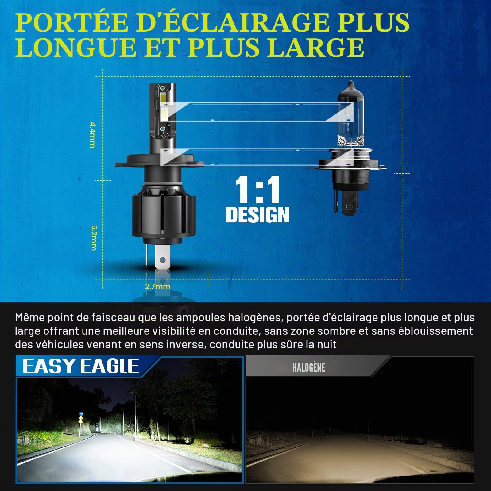 EASY EAGLE Ampoules H4 LED, HB2 9003 Phares Avant de Voitures Hi/Lo Beam 60W 12000LM, Remplacer Halogène/Xénon 6000K Blanc