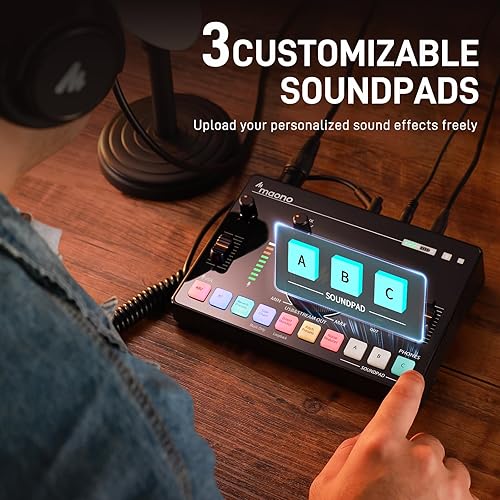 Miniatura 4 de MAONO Mezclador de audio para transmisión, interfaz de audio con preamplificador profesional, Bluetooth, batería incorporada, cancelación de ruido,