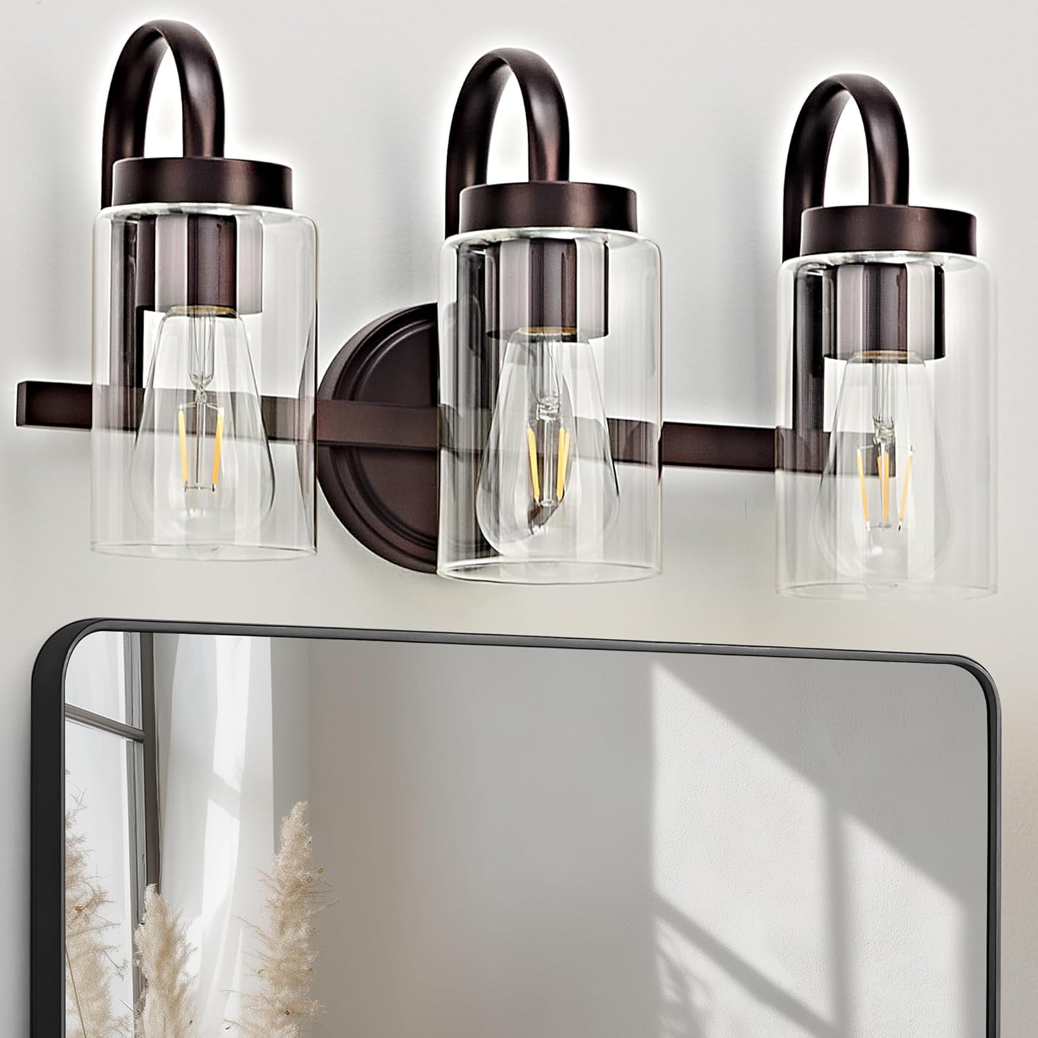 3 Light Bathroom Vanity Light, Black Coffee Vanity Lights for Bathroom, Modern Light Fixtures Over Mirror with Clear Glass Shade, Wall Sconce Lighting for Bedroom Living Room Hallway