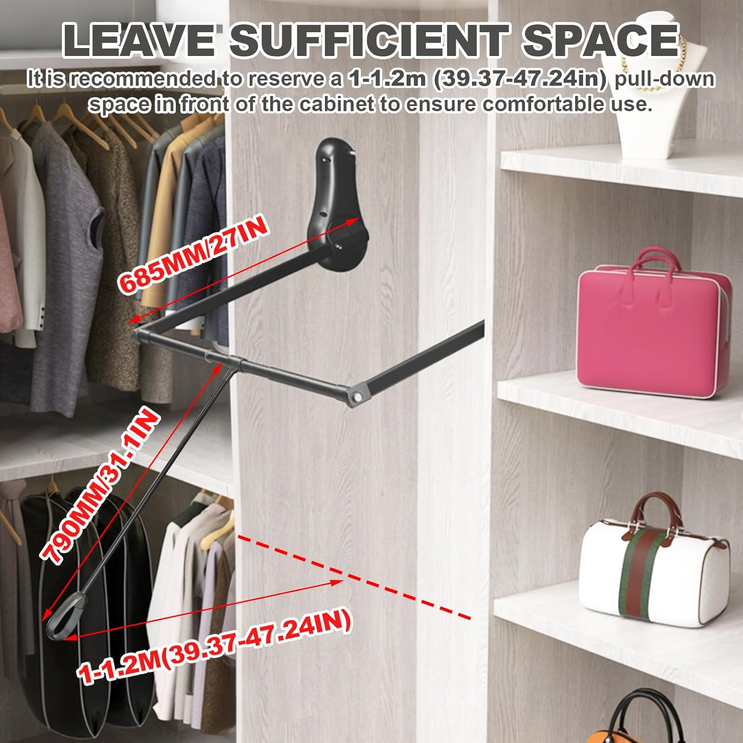 YJINGRUI Pull Down Closet Rod, 120° Pull-down Wardrobe Hanger with Lift Damping System, 55lb Adjustable Clothing Rack for Cloakroom/Bedroom/Balcony (25.6"-33.4")