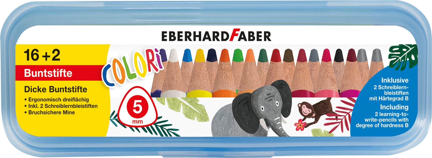 Eberhard Faber Colori 511429 Colouring Pencils Set, 16 Thick Colouring Pencils and 2 Learning to Write Pencils B