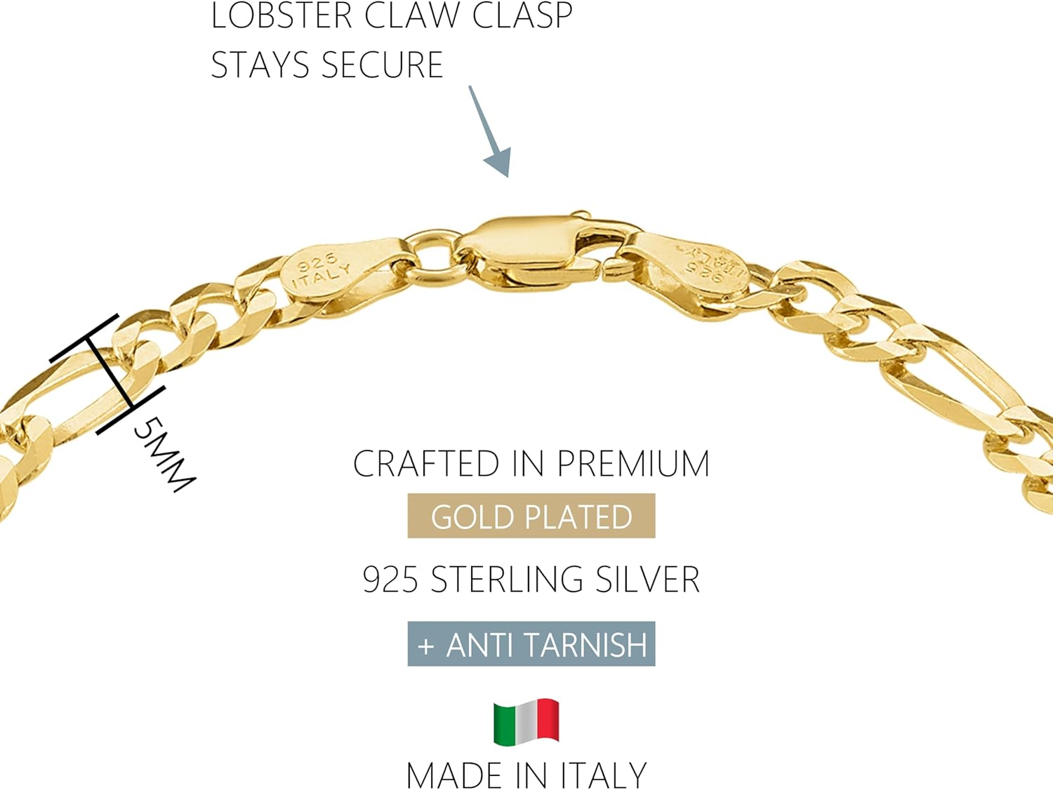 KISPER Mens Gold Bracelet 18K Gold Plated 925 Sterling Silver - 5mm Cuban Link Curb Chain & Figaro Link Bracelets for Men - Sizes 6.5,7,8,9 Inch - Image 3