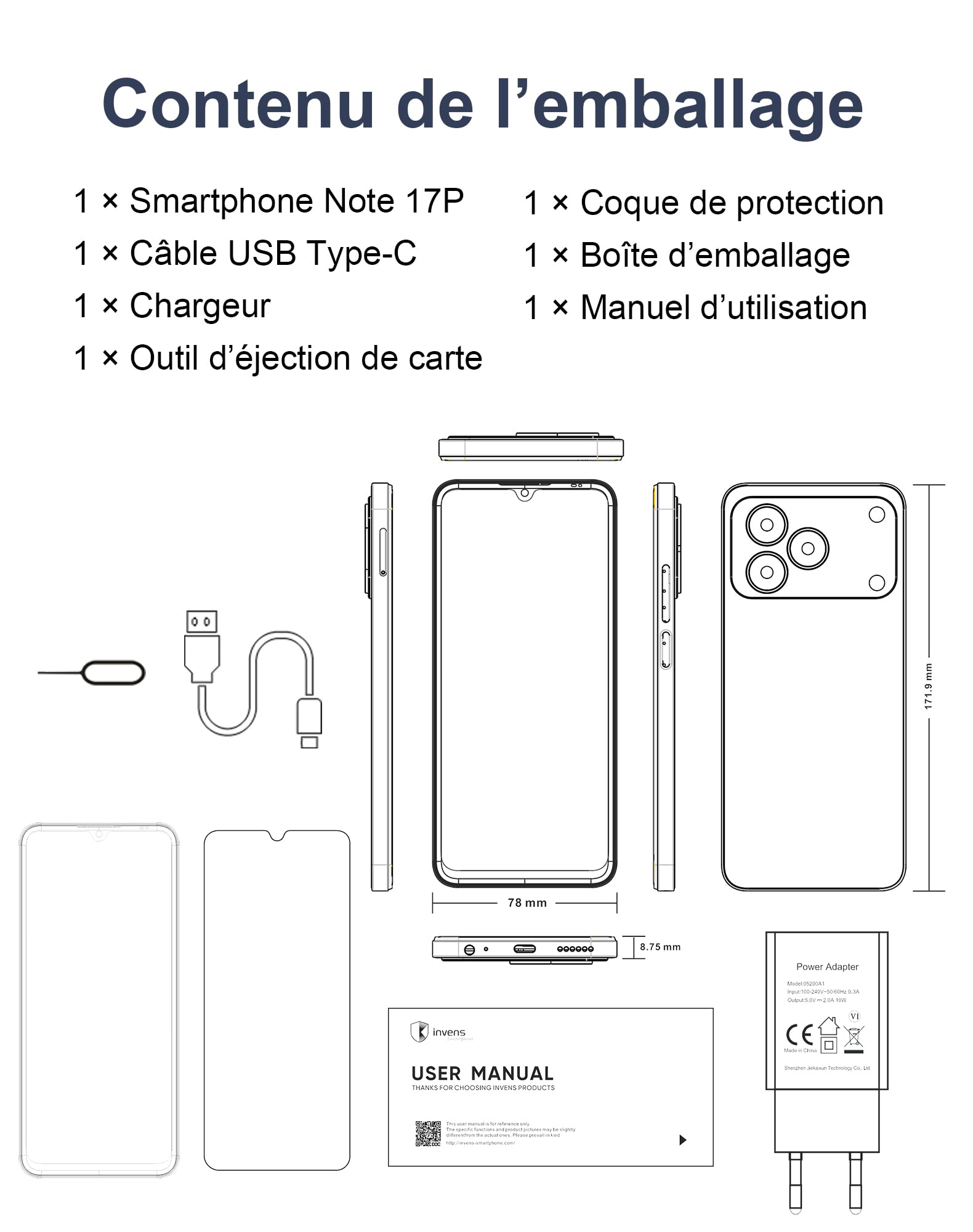 invens Note 17P Téléphone Portable Pas Cher, 20(4+16) Go+64Go Rom(TF 256Go) Smartphone, 16MP+8MP caméra, Écran 6,9" HD+, Batterie 5000mAh, téléphone Portable Débloqué, Telephone Pas Cher sans Forfait