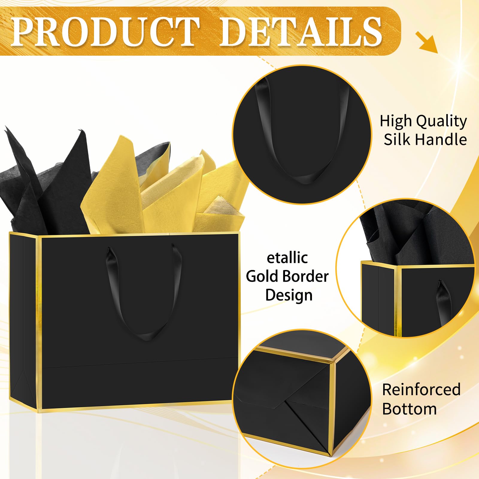 Epoesch 12 Pack Black Gift Bags with Handles – Includes 24 Tissue Paper – 11.8"x10"x4" – Elegant 5 Senses Gift Bags for Wedding, Bridesmaids, Groomsmen, Guests, Easter, Father's Day, Holidays (Black Gold)