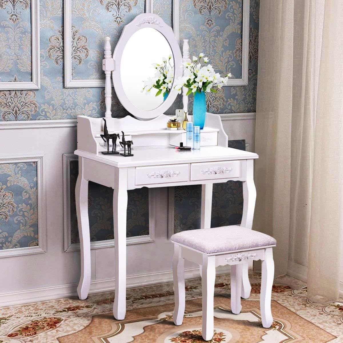 Vanity Table Set, 4 Drawers Makeup Table with Oval Mirror & Stool, Bedroom Wood Dressing Table White