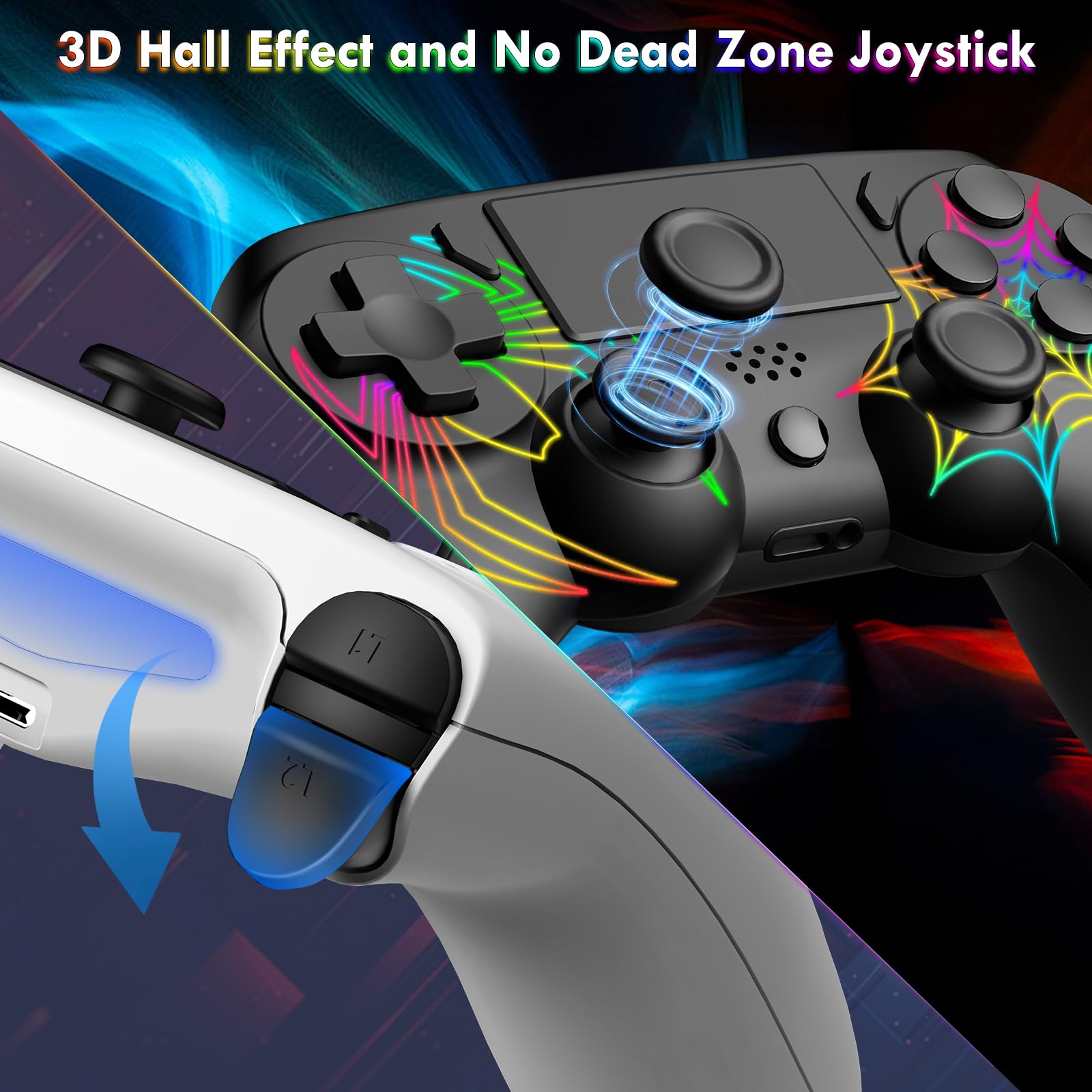 Paquete de 2 controladores inalámbricos para PS4, controlador apto para PlayStation 4/Pro/Slim/PC, diseño de patrón de araña, batería de 1000 mAh, RGB ajustable, doble choque, giroscopio de 6 ejes