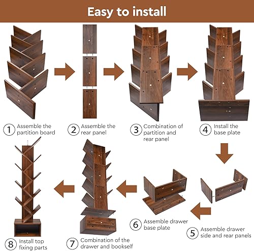 Miniatura 7 de Luckyeestar Estantería de árbol de 4 niveles, estante retro de almacenamiento de 4 estantes, estante de almacenamiento de madera, estantería moderna