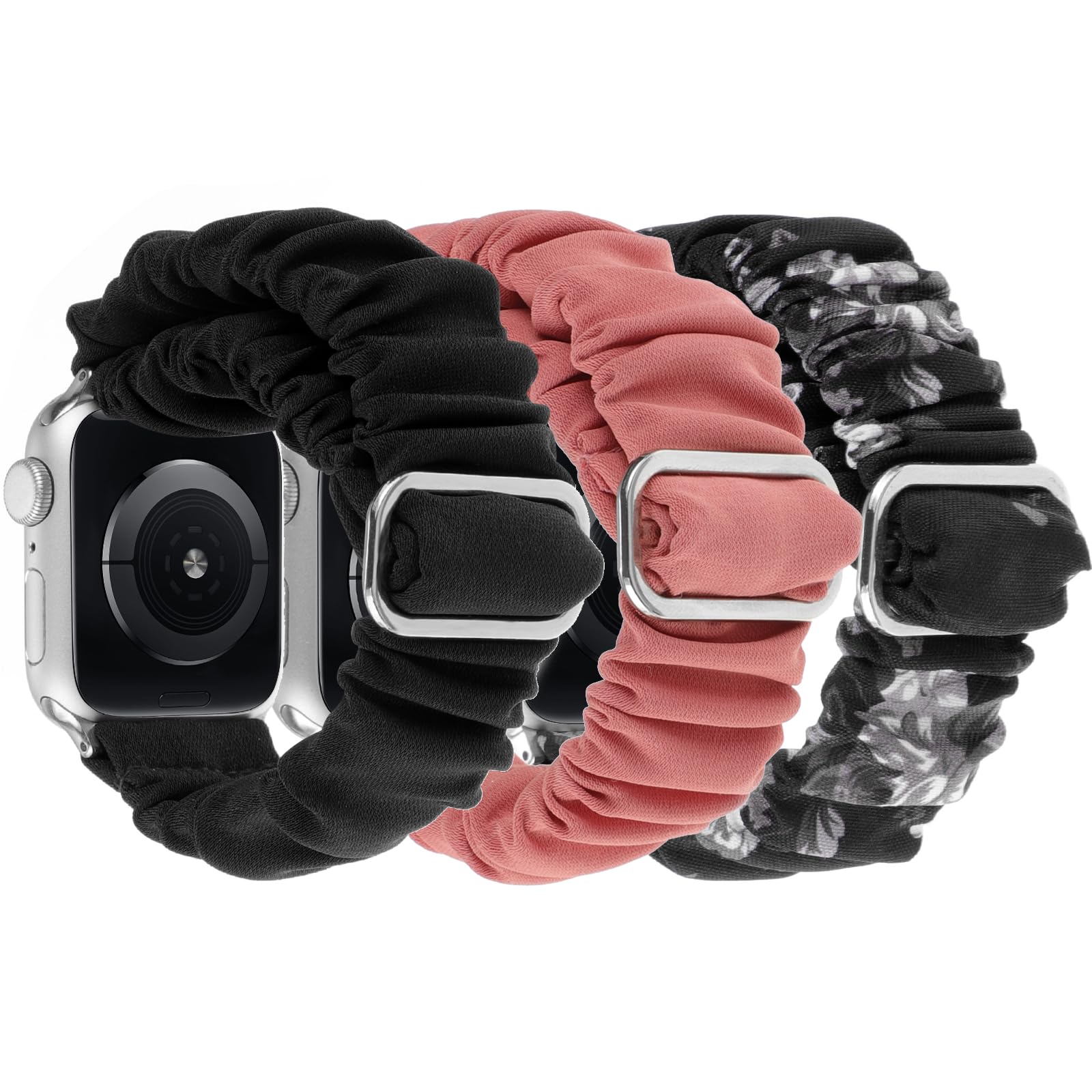 REALSIGN 3Pcs Elastic Scrunchies Bands Compatible with Apple Watch Band 38mm 40mm 41mm,Adjustable Cloth Strap Stretchy Solo Loop Wristband for iWatch Series 9 8 7 6 5 4 3 2 SE Women(38MM,Black/Reddish Orange/Flower)